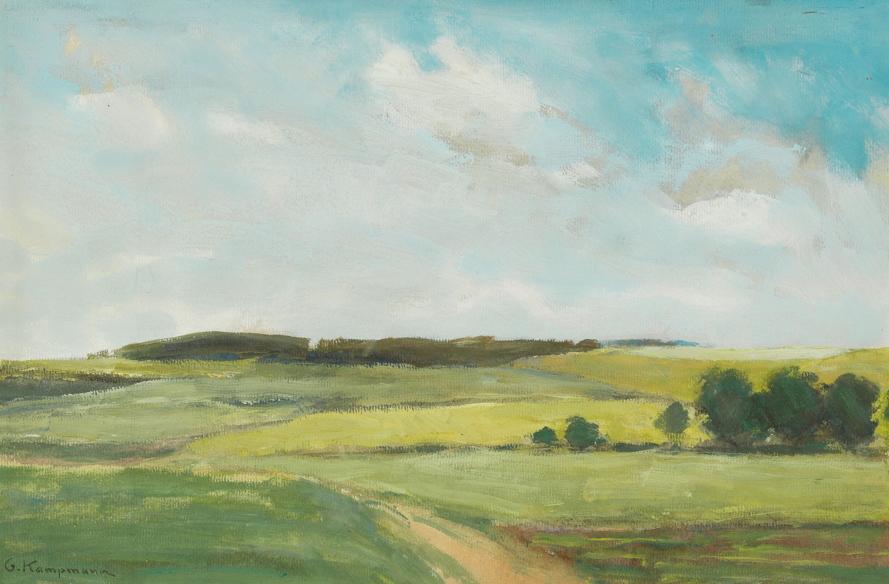Georg Kampmann, 1859 Boppard-1917 Bad Godesberg, helle weite Landschaft, Mischtechnik auf Malkarton, links unten sign.,ca. 28x42cm, u.Gl., R. ca. ...