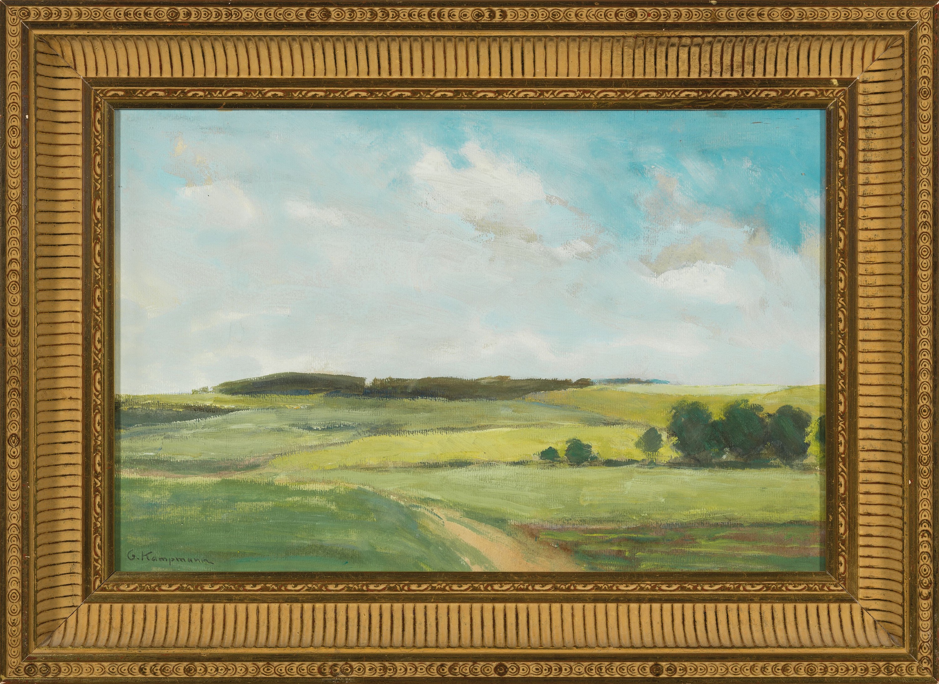 Detail k: Georg Kampmann, 1859 Boppard-1917 Bad Godesberg, helle weite Landschaft, Mischtechnik auf Malkarton, links unten sign.,ca. 28x42cm, u.Gl., R. ca. ...