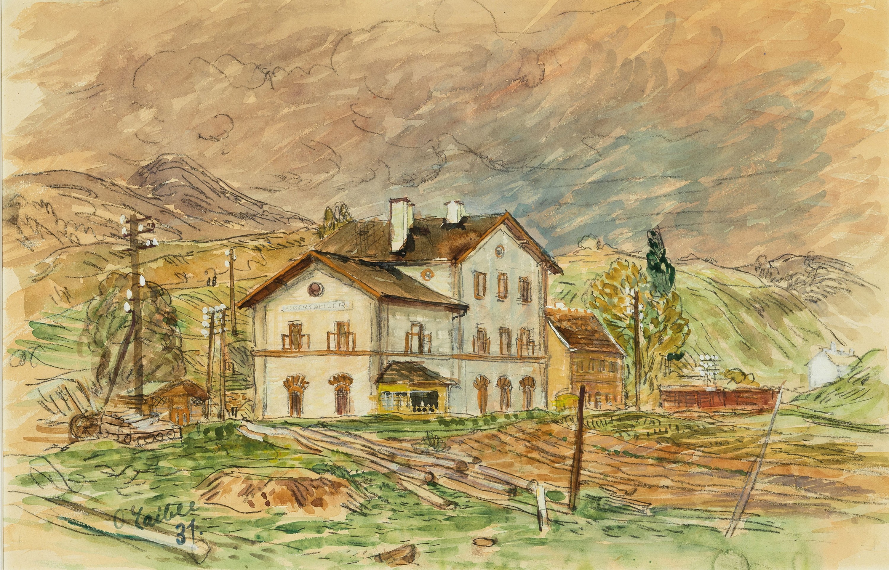 Otto Laible, 1898-1962 Haslach, Der Bahnhof in Albersweiler, Aquarell auf Papier, links unten signiert und dat. 31, ca. 31x48cm, PP, u.Gl., R. ca. ...