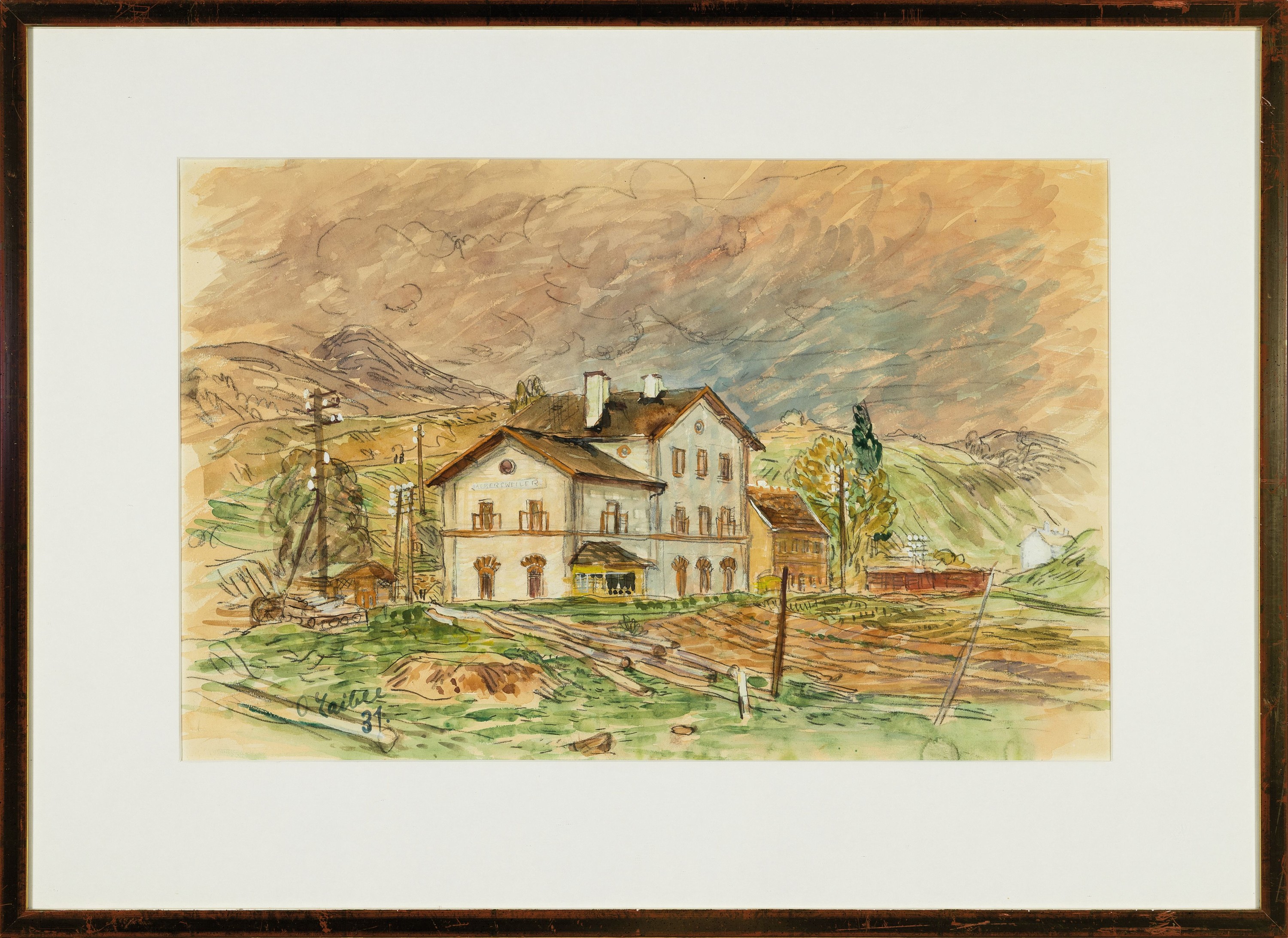Detail k: Otto Laible, 1898-1962 Haslach, Der Bahnhof in Albersweiler, Aquarell auf Papier, links unten signiert und dat. 31, ca. 31x48cm, PP, u.Gl., R. ca. ...