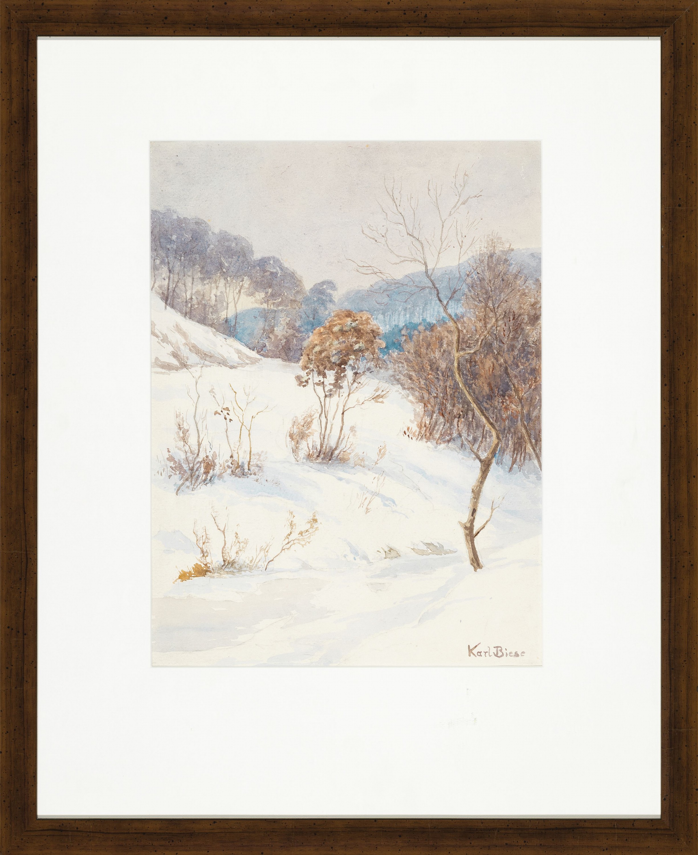 Detail k: Karl Biese, 1863 Hamburg-1926 Tübingen, verschneite Winterlandschaft, Aquarell auf Papier, rechts unten signiert, ca. 33x25cm, PP, u.Gl., R. ca. ...