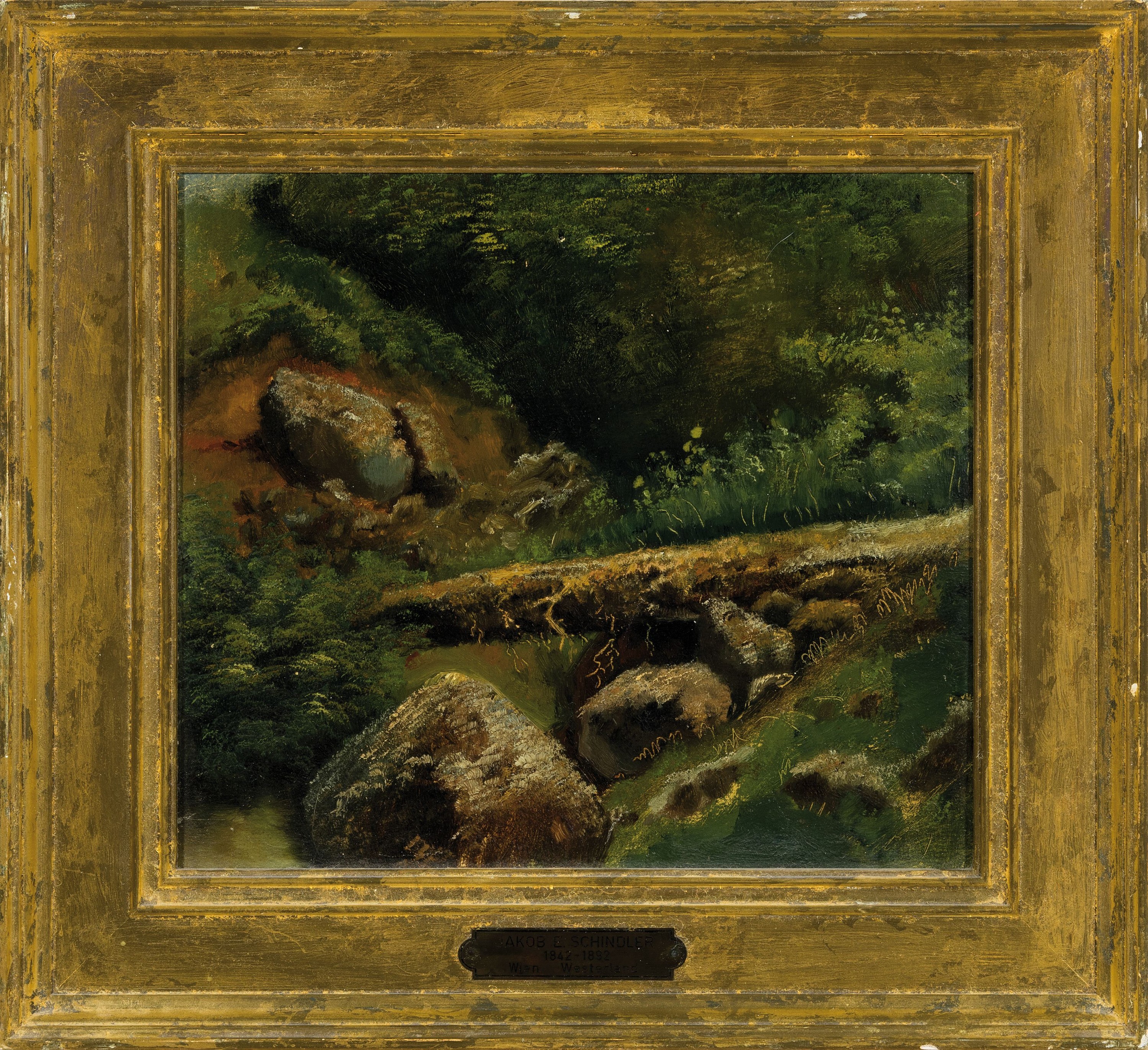 Detail k: Jakob Emil Schindler, 1842 Wien-1892 Westerland, Landschaftsstudie, Öl/Malkarton,ca. 22x25cm, R. ca. 31x34cm, die Verfasserin des Werkverzeichnisses ...
