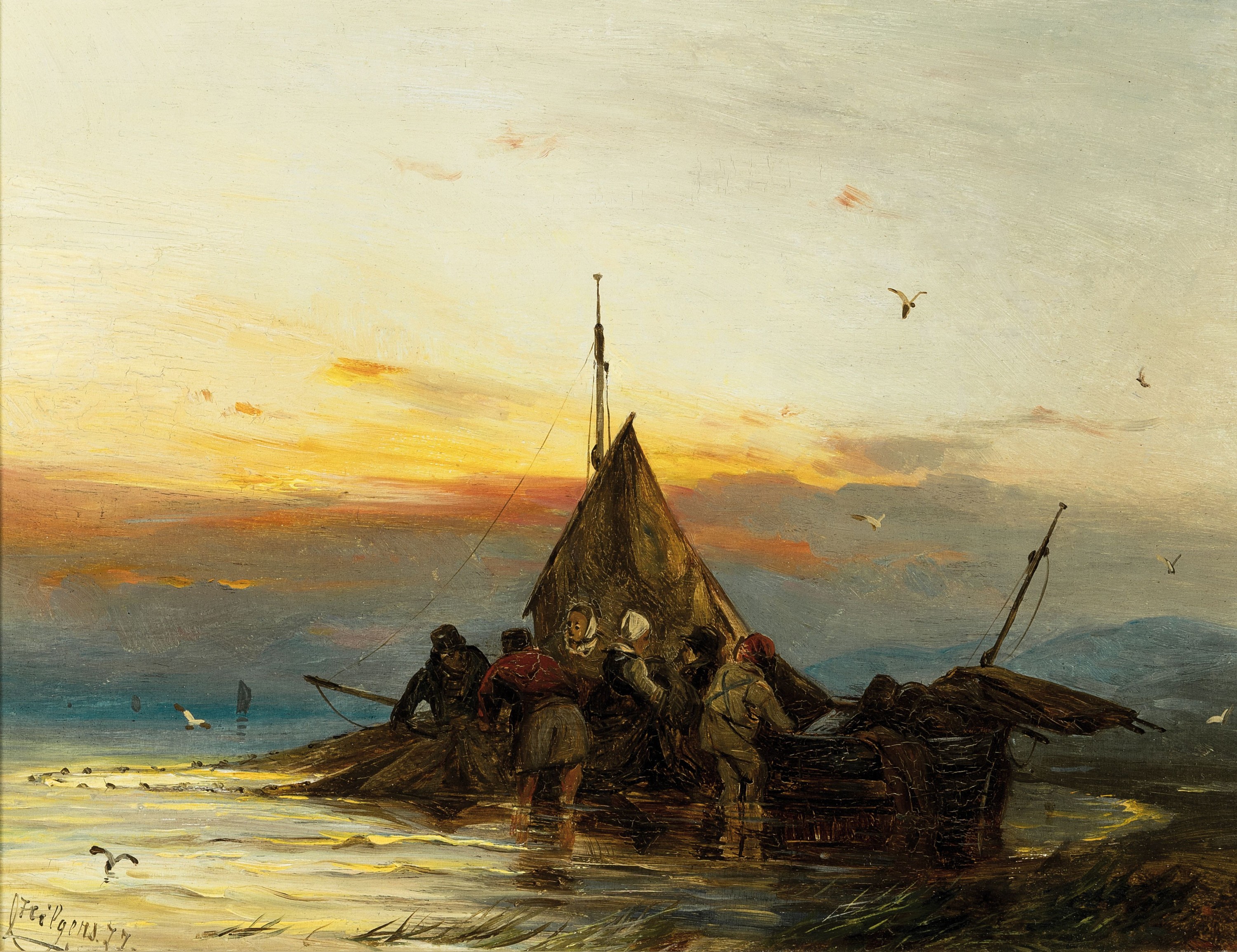 Carl Hilgers, 1818-1890 Düsseldorf, Entladen der Fischerboote im Morgenrot, Öl/Holz, links unten sign. und dat. 77, ca. 20x27cm, R. ca. 33x39cm, ...