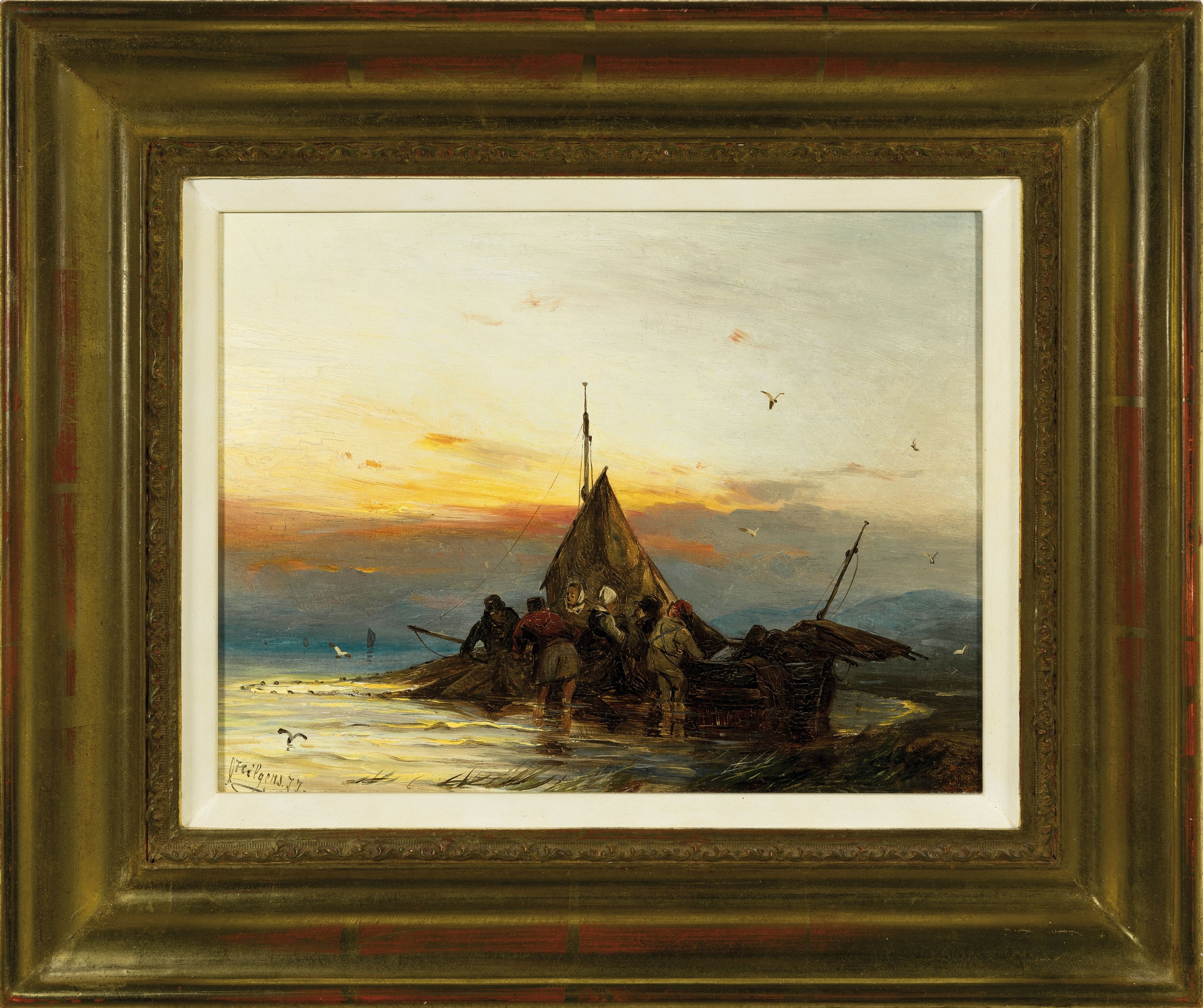 Detail k: Carl Hilgers, 1818-1890 Düsseldorf, Entladen der Fischerboote im Morgenrot, Öl/Holz, links unten sign. und dat. 77, ca. 20x27cm, R. ca. 33x39cm, ...