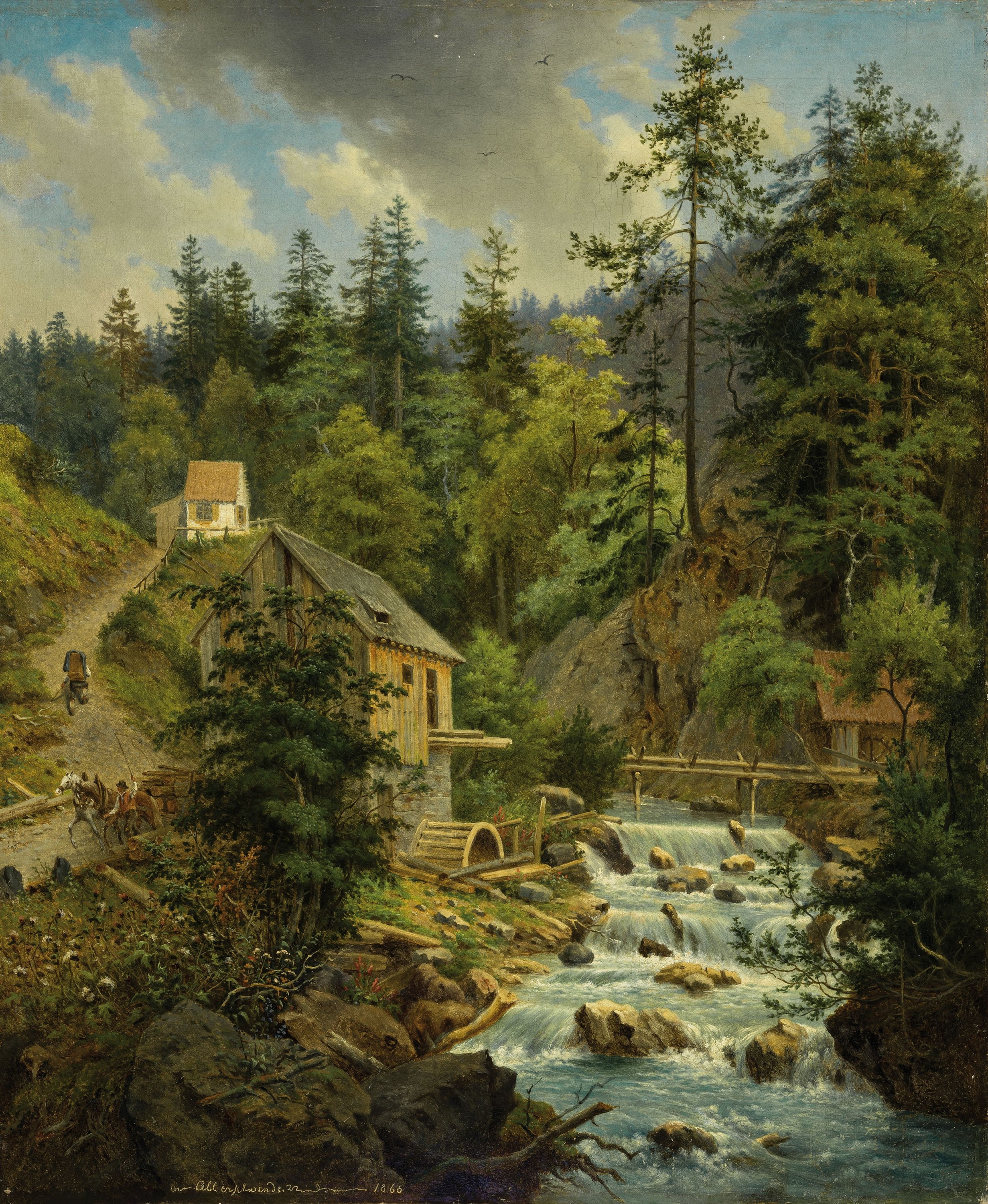 Unbekannter Maler, datiert 1866, Landschaft mit Mühle am Wildbach im Wald, Öl/Lwd, links unten unleserlich signiert, betitelt Alberschwende und ...