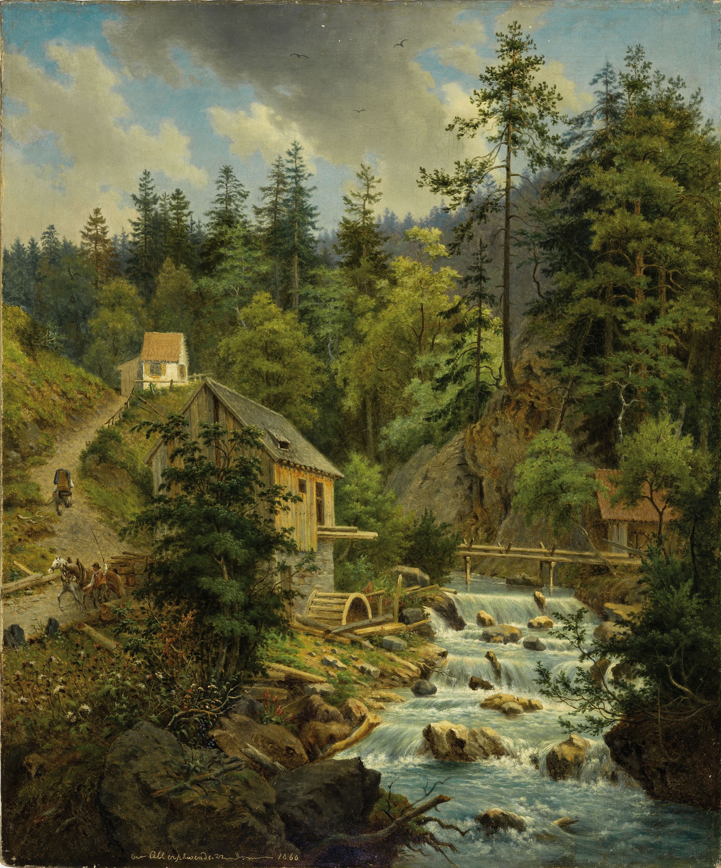 Detail k: Unbekannter Maler, datiert 1866, Landschaft mit Mühle am Wildbach im Wald, Öl/Lwd, links unten unleserlich signiert, betitelt Alberschwende und ...