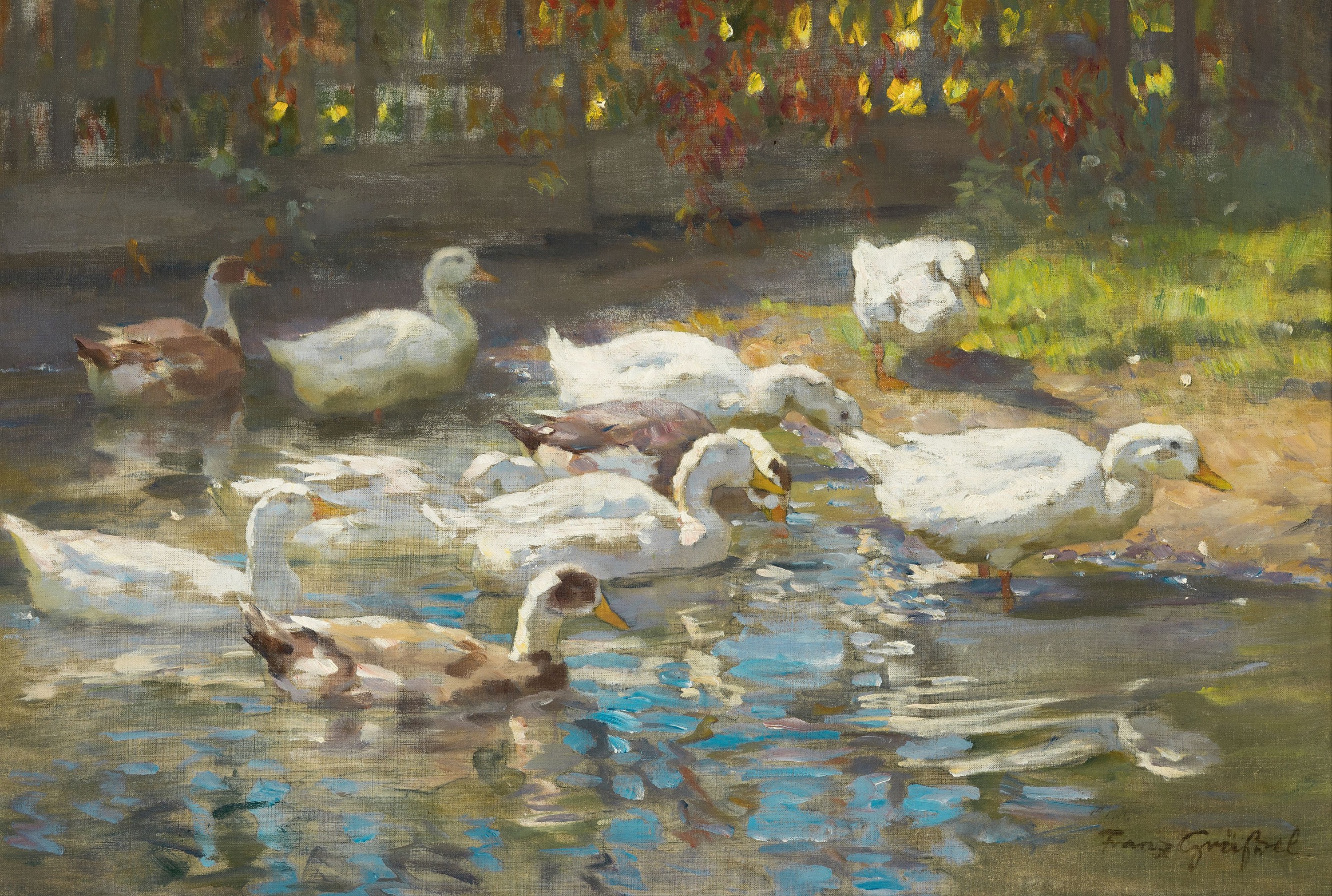 Franz Grässel, 1861 Obersasbach/Baden-1948 Emmering, Enten auf dem Wasser, Öl/Lwd, impressionistische Auffassung, rechts unten sign., ca. 43x62cm, ...