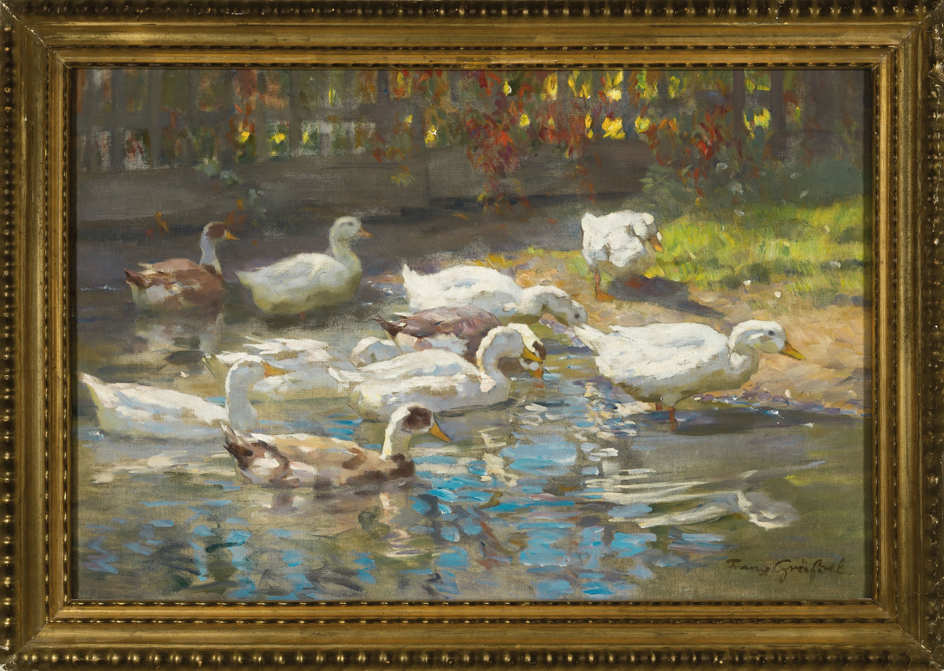 Detail k: Franz Grässel, 1861 Obersasbach/Baden-1948 Emmering, Enten auf dem Wasser, Öl/Lwd, impressionistische Auffassung, rechts unten sign., ca. 43x62cm, ...