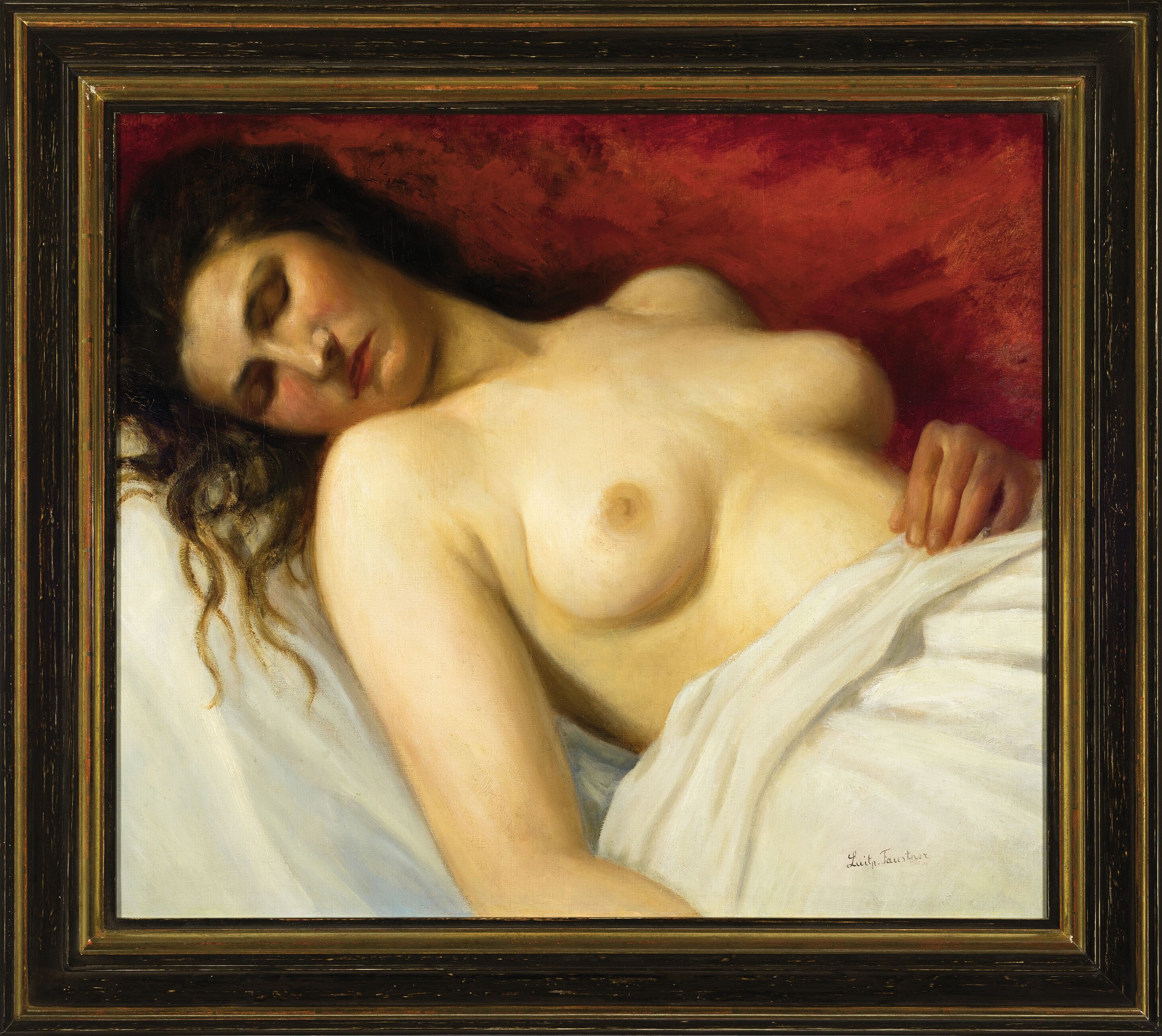 Detail k: Luitpold Faustner, 1845-1925 München, liegender Halbakt, Öl/Malkarton, rechts unten sign., ca. verso mit Ausst. Etikett "Münchner Kunst" ...