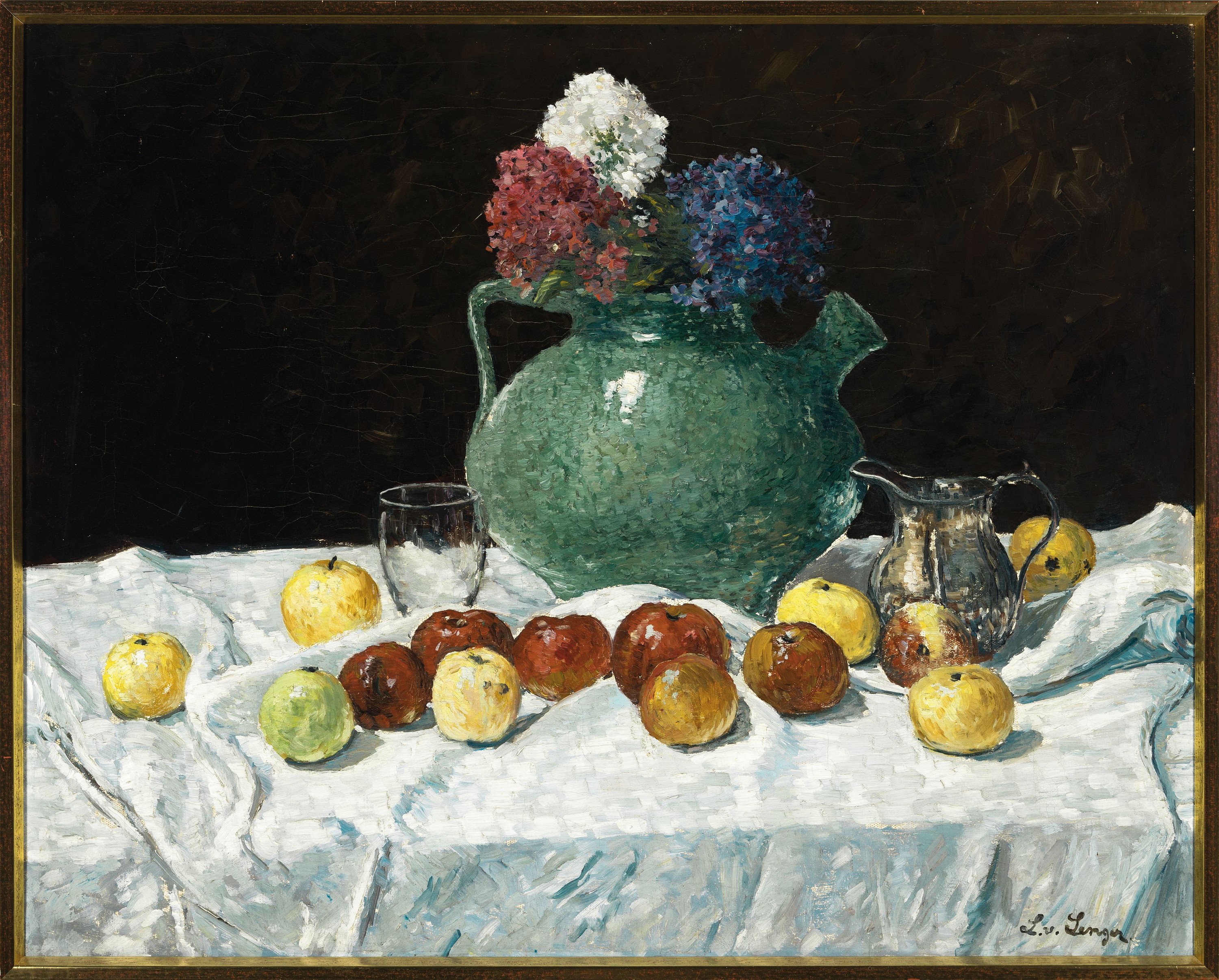 Detail k: Ludwig von Senger, 1873 Waldsassen-1937 München, Stillleben mit Äpfeln und Hortensien, Öl/Lwd, rechts unten sign., ca. 65x81cm, R. ca. 69x85cm
