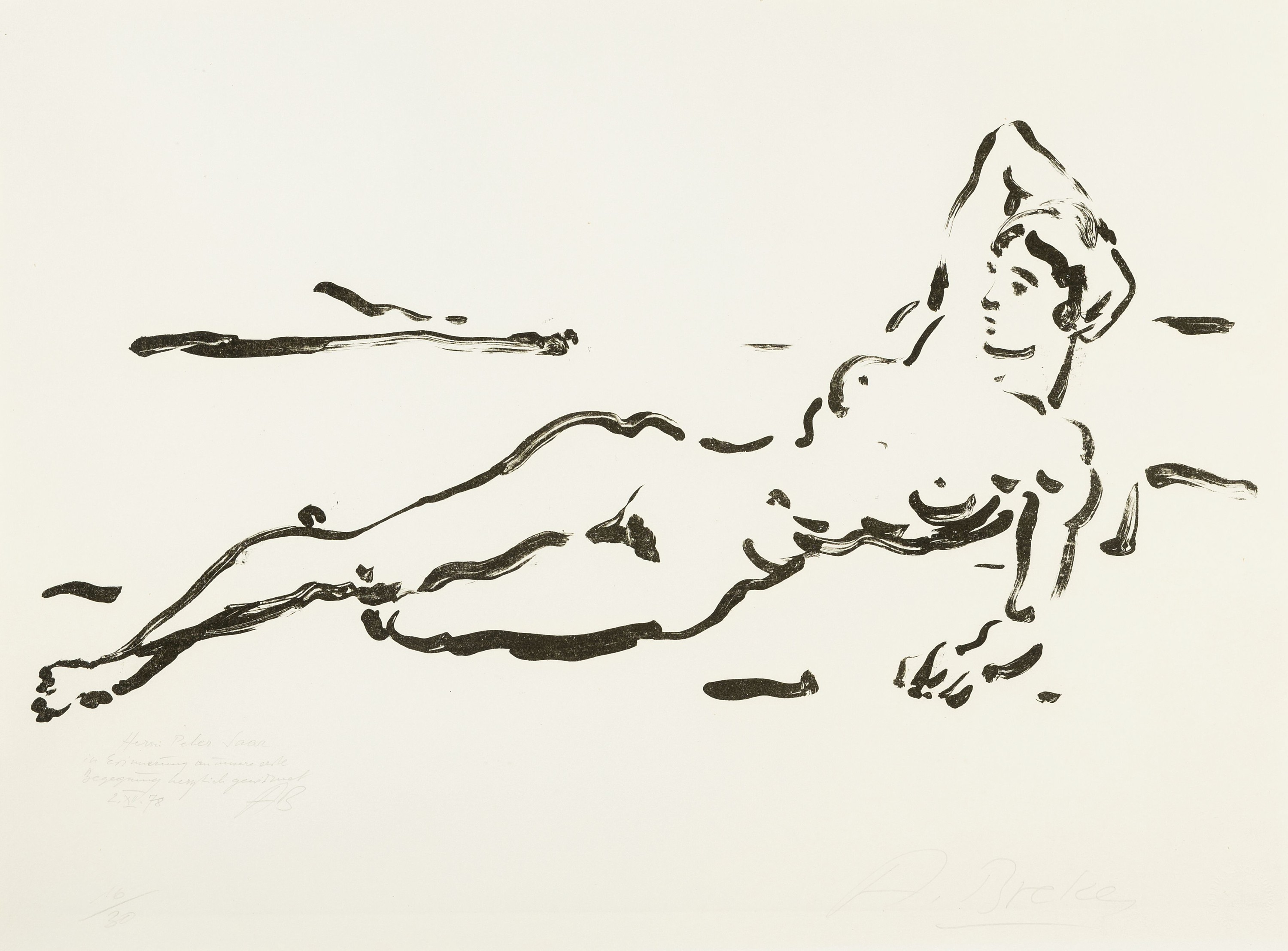 Arno Breker, 1900-1991, Liegende, Lithographie, handsign., num. 16/30, mit handschriftlicher Widmung an Peter Saar von 1978, ca. 37x50cm, PP, u.Gl., ...
