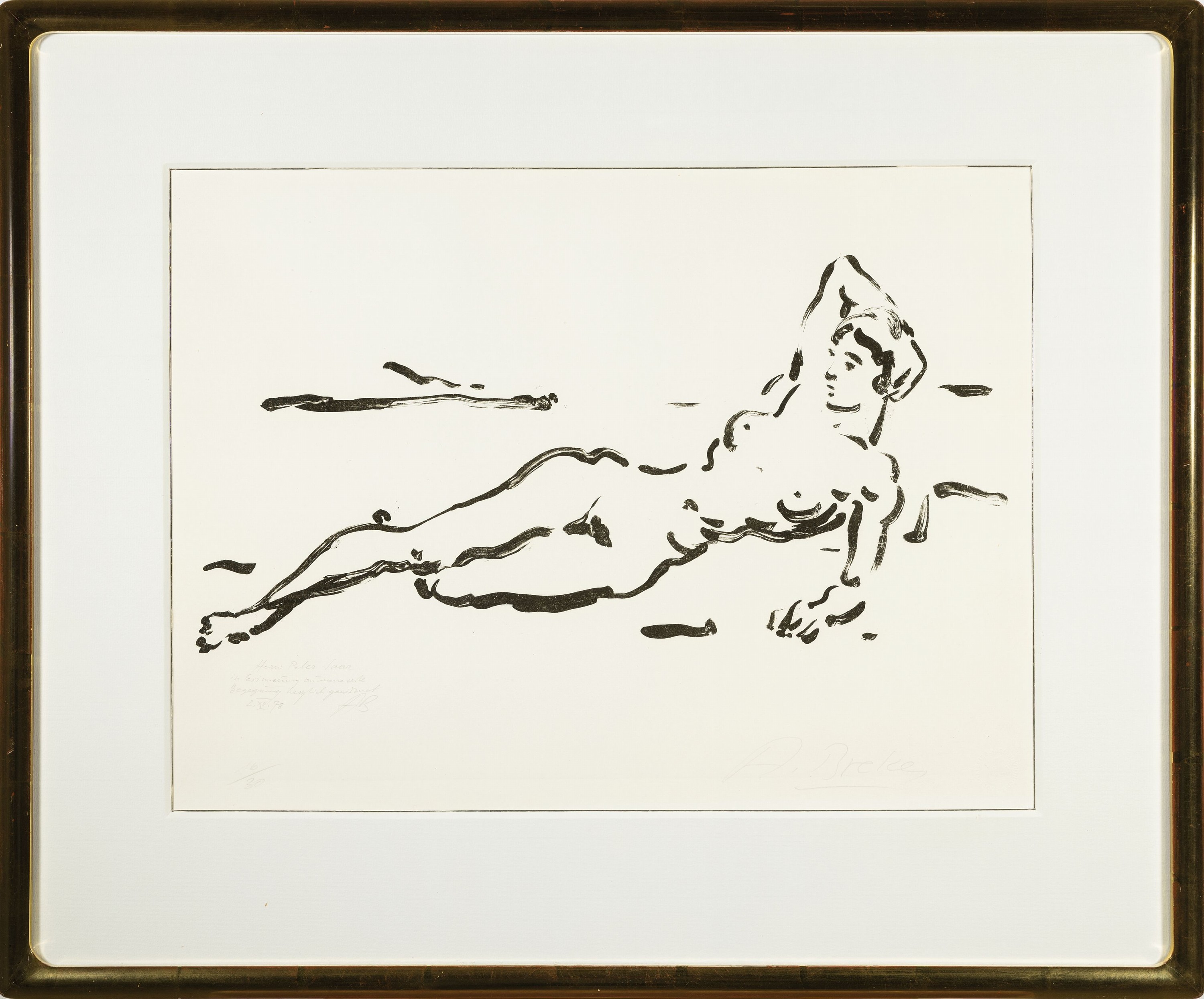 Detail k: Arno Breker, 1900-1991, Liegende, Lithographie, handsign., num. 16/30, mit handschriftlicher Widmung an Peter Saar von 1978, ca. 37x50cm, PP, u.Gl., ...
