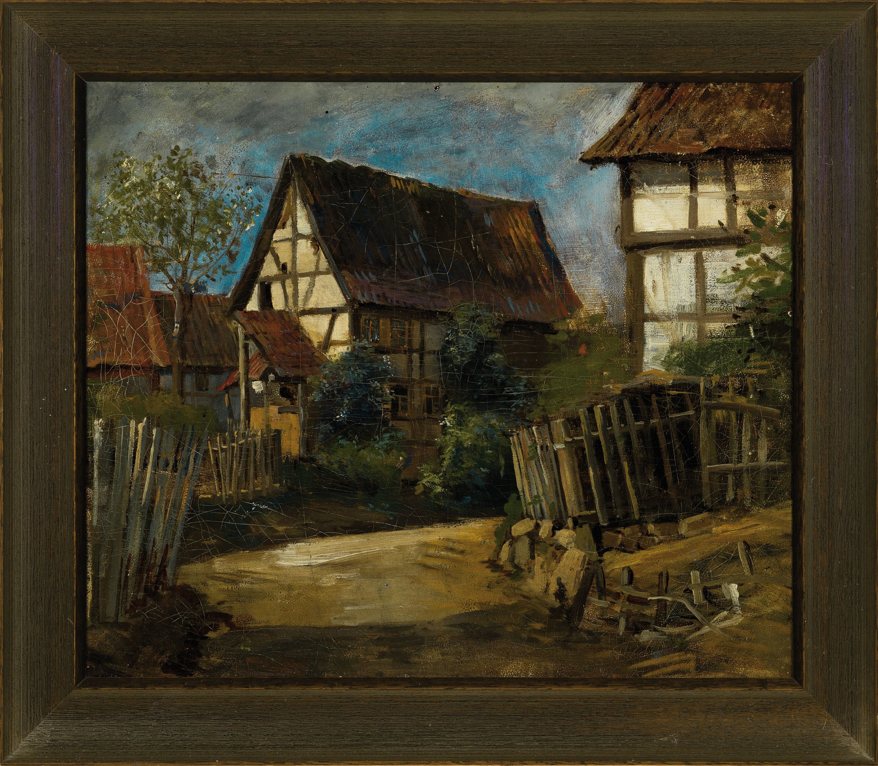 Detail k: Jan Konrad Bohlender, 1860-1984, Dorflandschaft, Blick auf ein Fachwerkhaus, Öl/Platte, verso auf altem Etikett bezeichnet,Rahmen 37x43 cm
