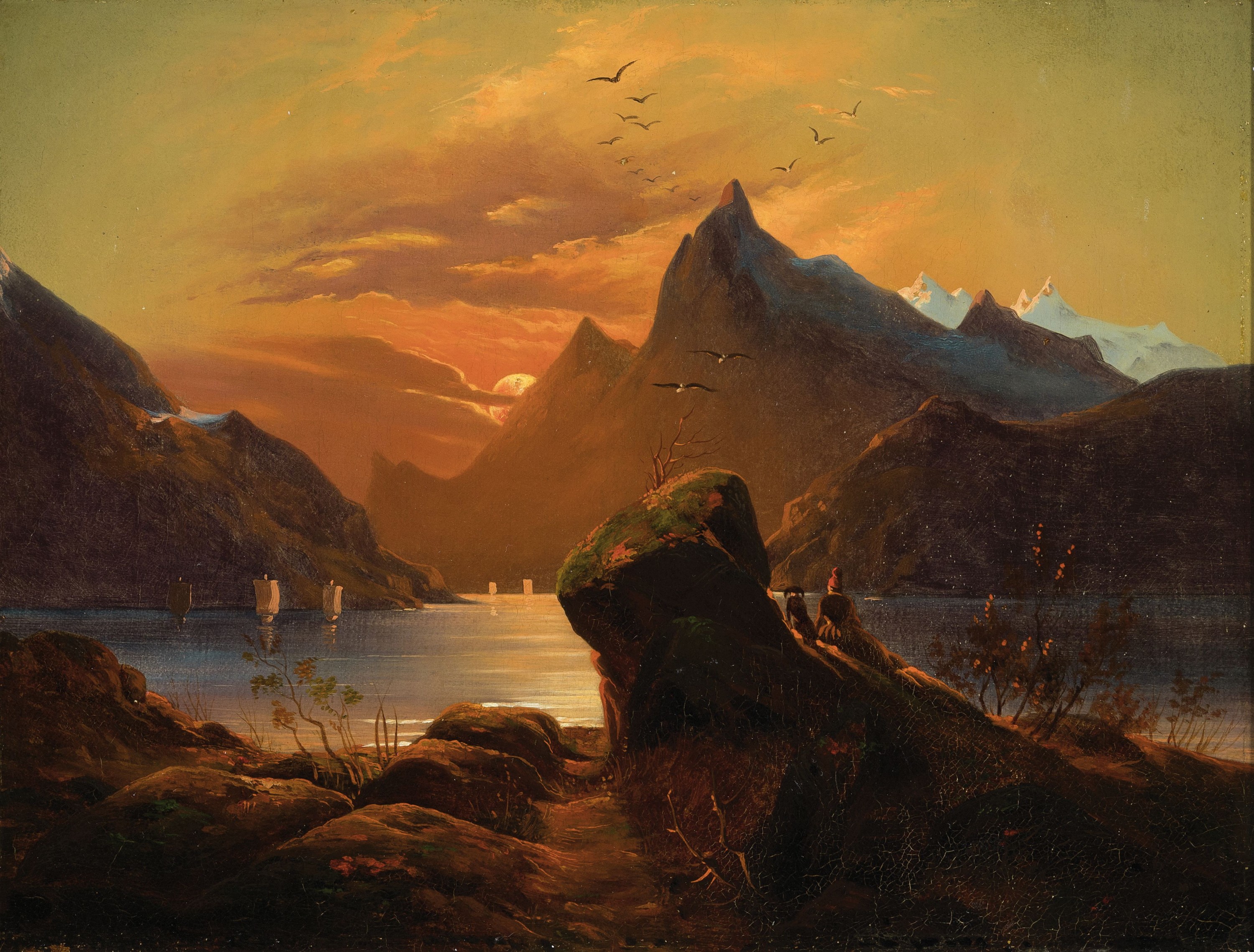 Unbekannter Spätromantiker, Ende 19.Jh., atmosphärische Seenlandschaft bei Sonnenuntergang, unsigniert, Öl/Lwd, 26x34 cm,Rahmen 38x45 cm