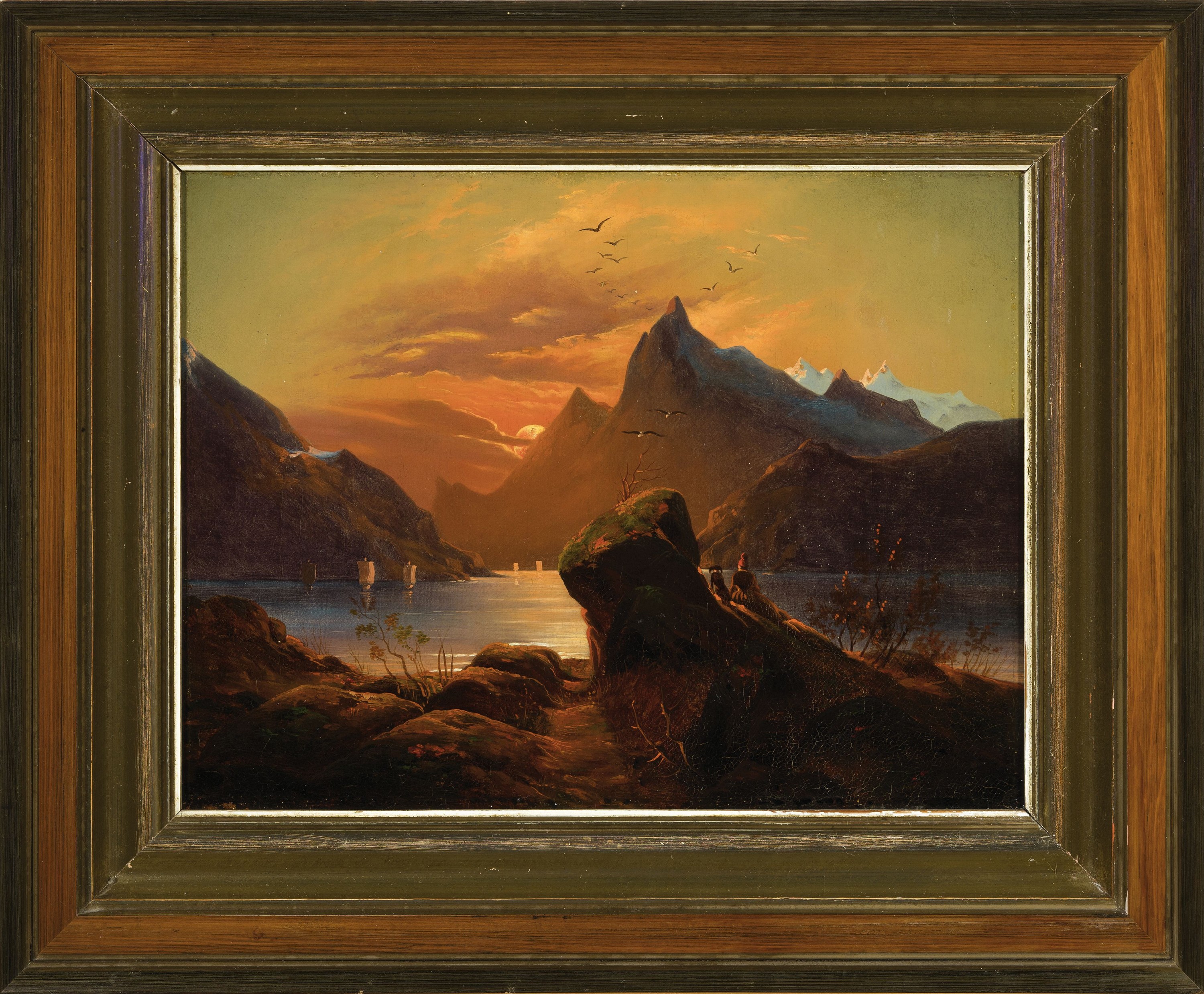 Detail k: Unbekannter Spätromantiker, Ende 19.Jh., atmosphärische Seenlandschaft bei Sonnenuntergang, unsigniert, Öl/Lwd, 26x34 cm,Rahmen 38x45 cm