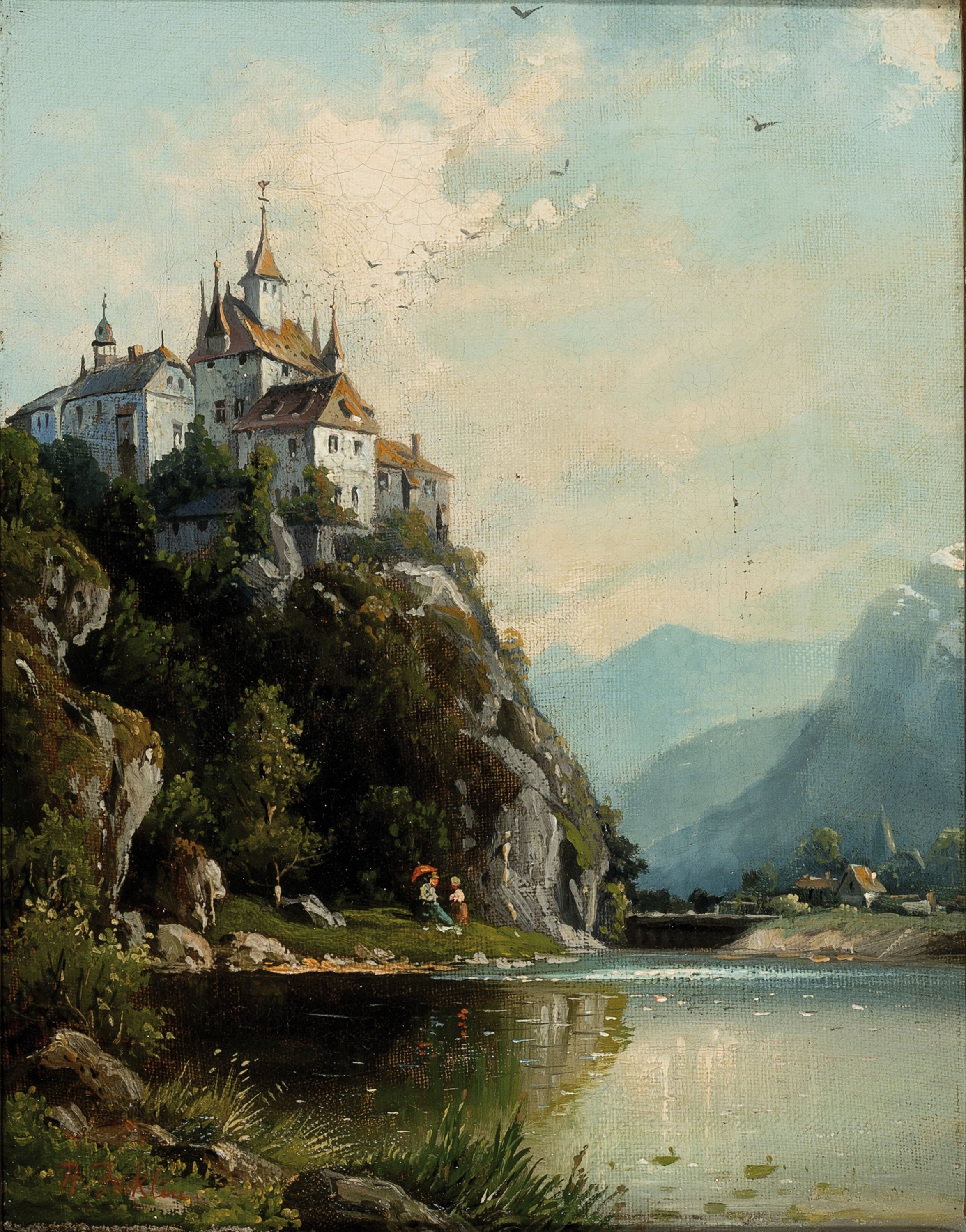 Andreas Jeklin, 1823 Schiers-1889 Rongellen,fantastische Seenlandschaft mit großem Schloß,Figurenstaffage, links unten signiert, Öl/Lwd,28x21 cm, ...