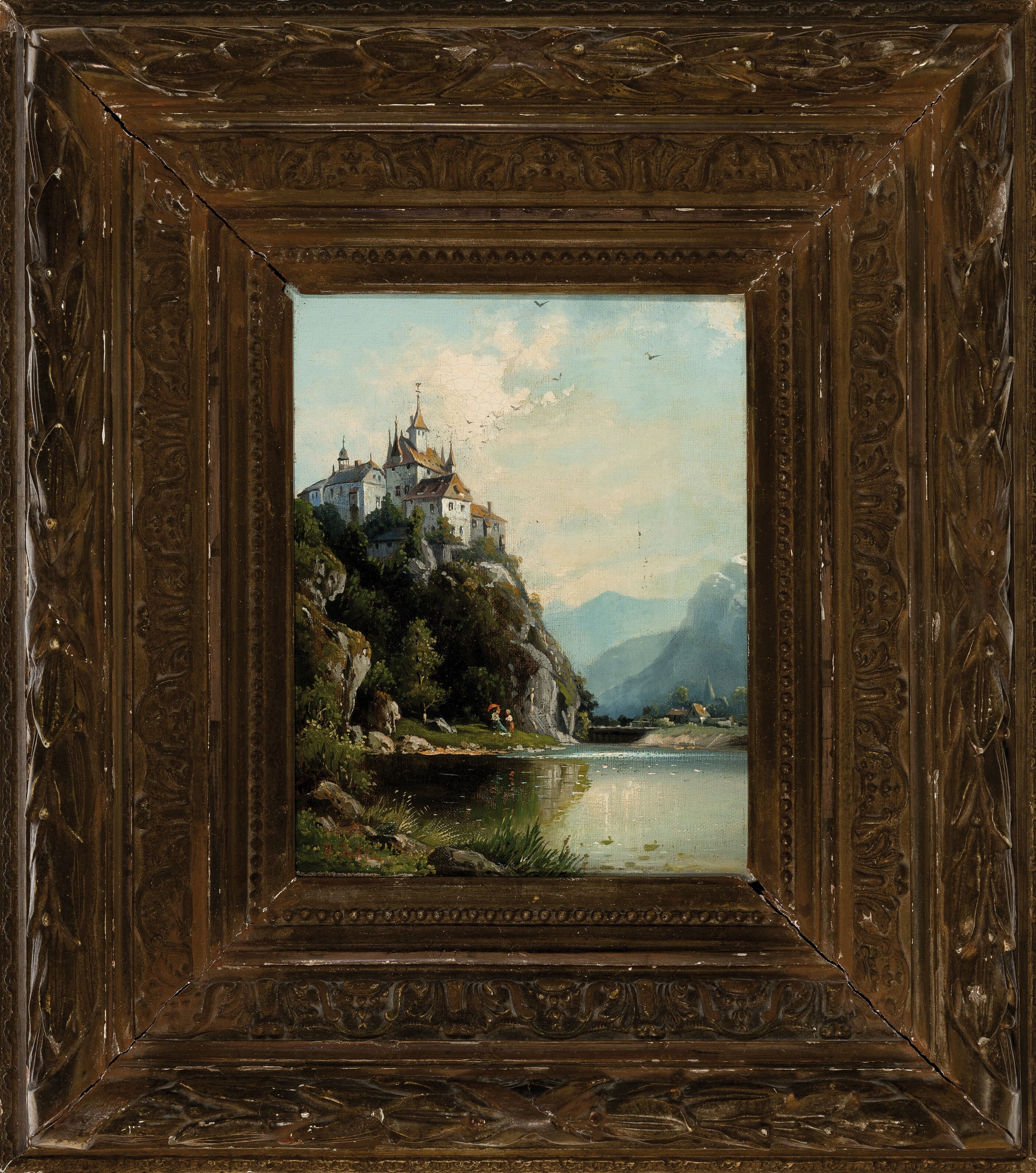 Detail k: Andreas Jeklin, 1823 Schiers-1889 Rongellen,fantastische Seenlandschaft mit großem Schloß,Figurenstaffage, links unten signiert, Öl/Lwd,28x21 cm, ...