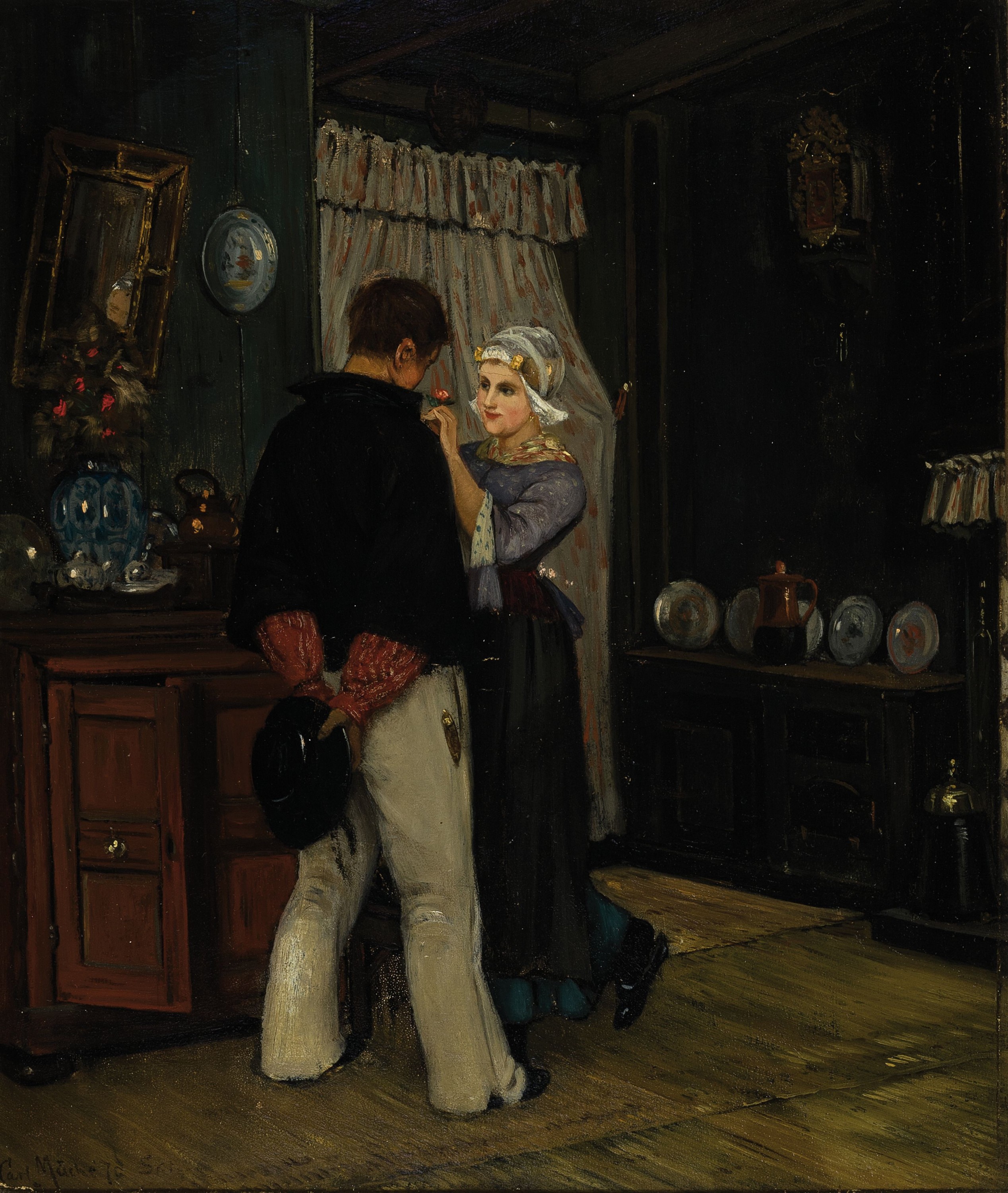 Carl Emil Mücke, 1847-1923 Düsseldorf, Genre, Umwerbung, Interieur mit poussierendem jungen Pärchen, links unten signiert, Öl/Platte, 30x25 cm, ...