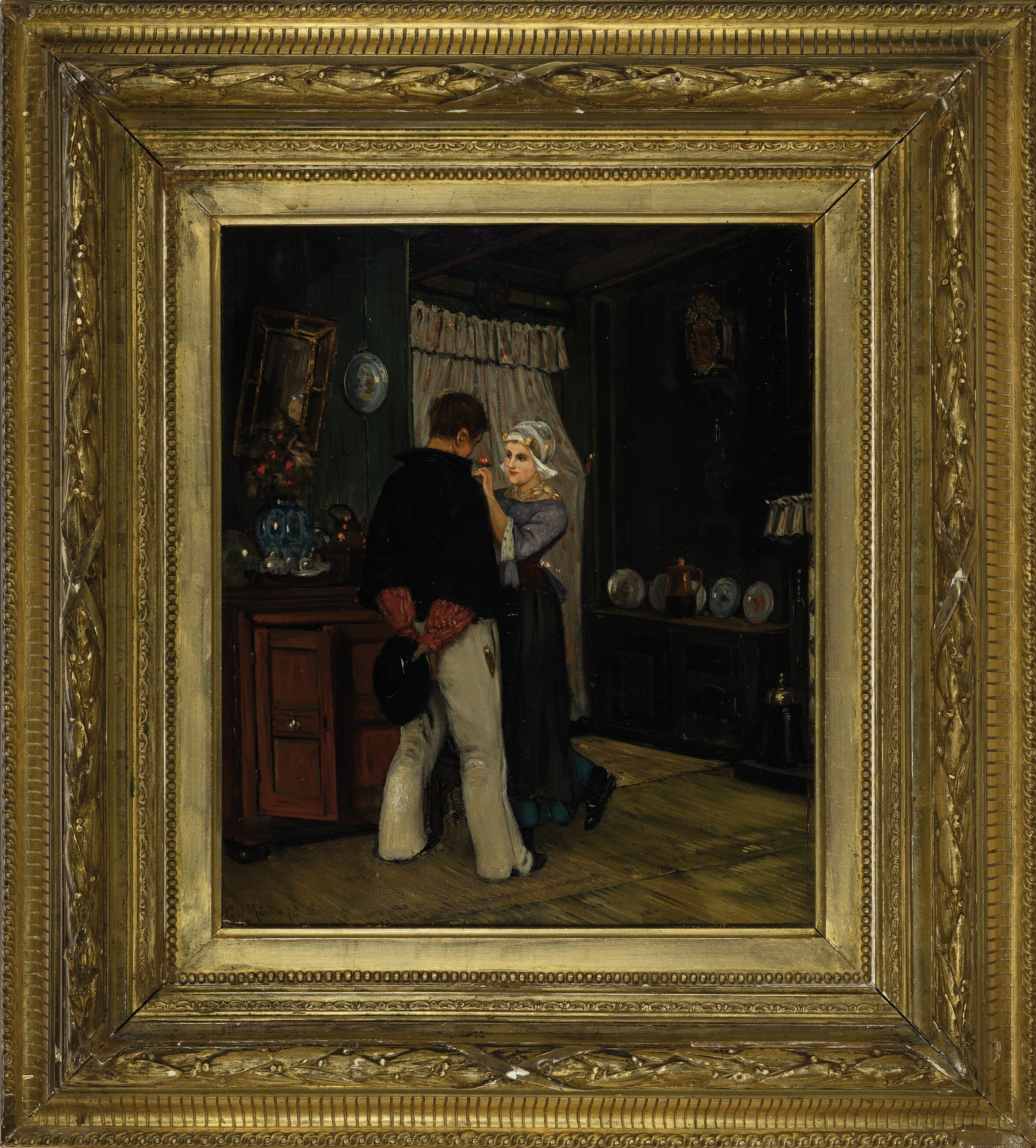 Detail k: Carl Emil Mücke, 1847-1923 Düsseldorf, Genre, Umwerbung, Interieur mit poussierendem jungen Pärchen, links unten signiert, Öl/Platte, 30x25 cm, ...