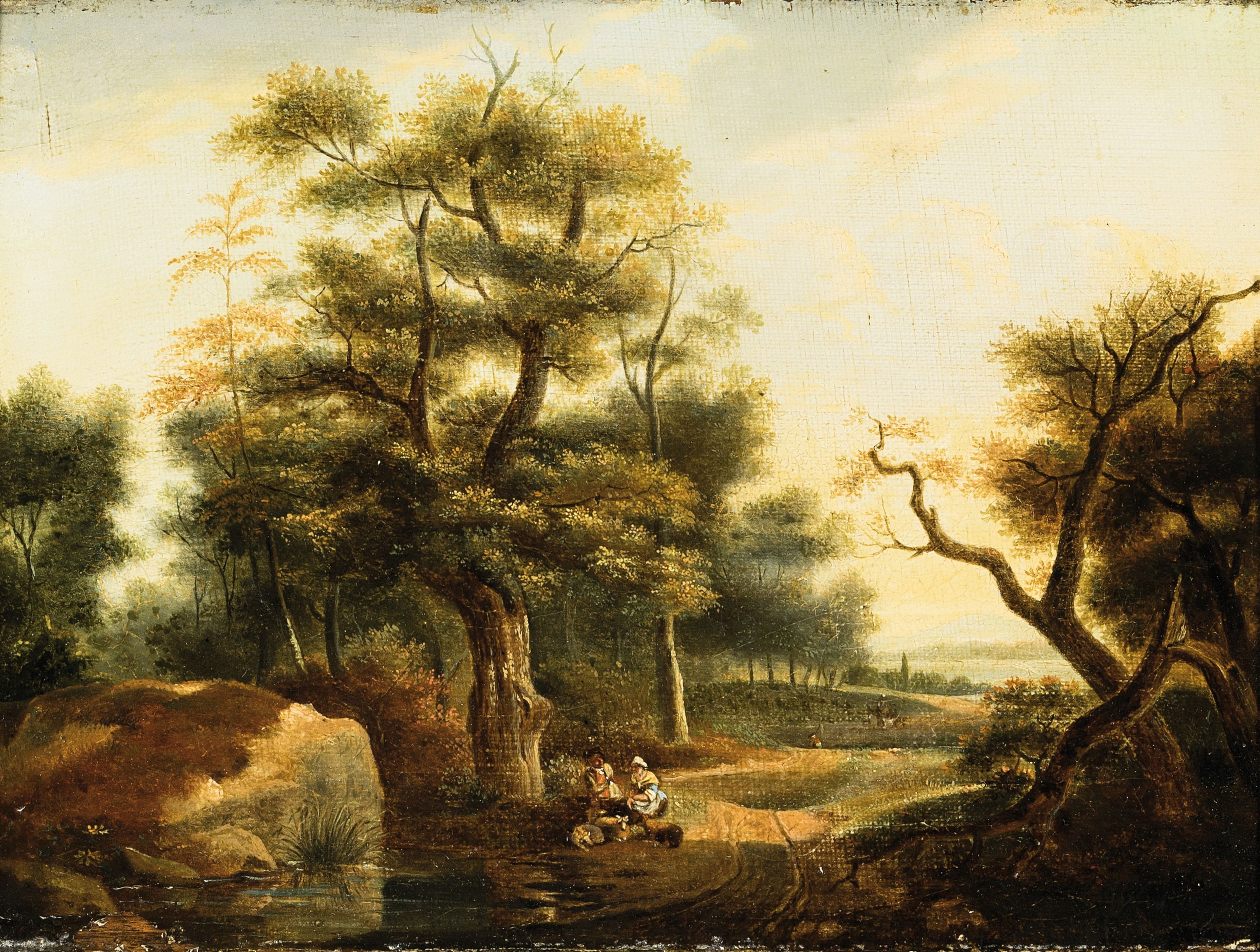 Unbekannter Künstler des 19.Jh., Waldlandschaft, rastendes Hirtenpaar am Teich,unsigniert, Öl/Lwd/Platte, restauriert, l. Oberflächenschäden, ...