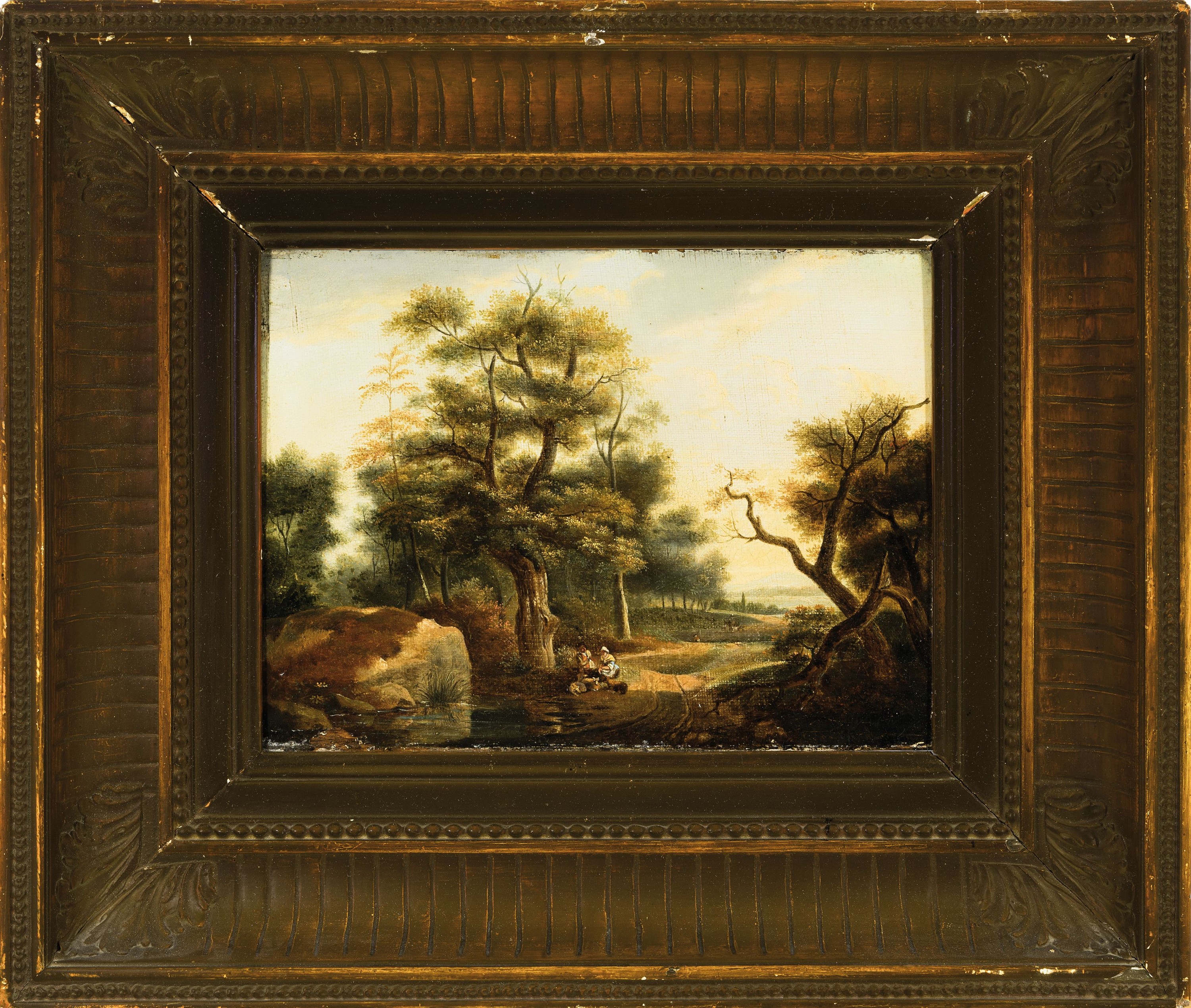 Detail k: Unbekannter Künstler des 19.Jh., Waldlandschaft, rastendes Hirtenpaar am Teich,unsigniert, Öl/Lwd/Platte, restauriert, l. Oberflächenschäden, ...
