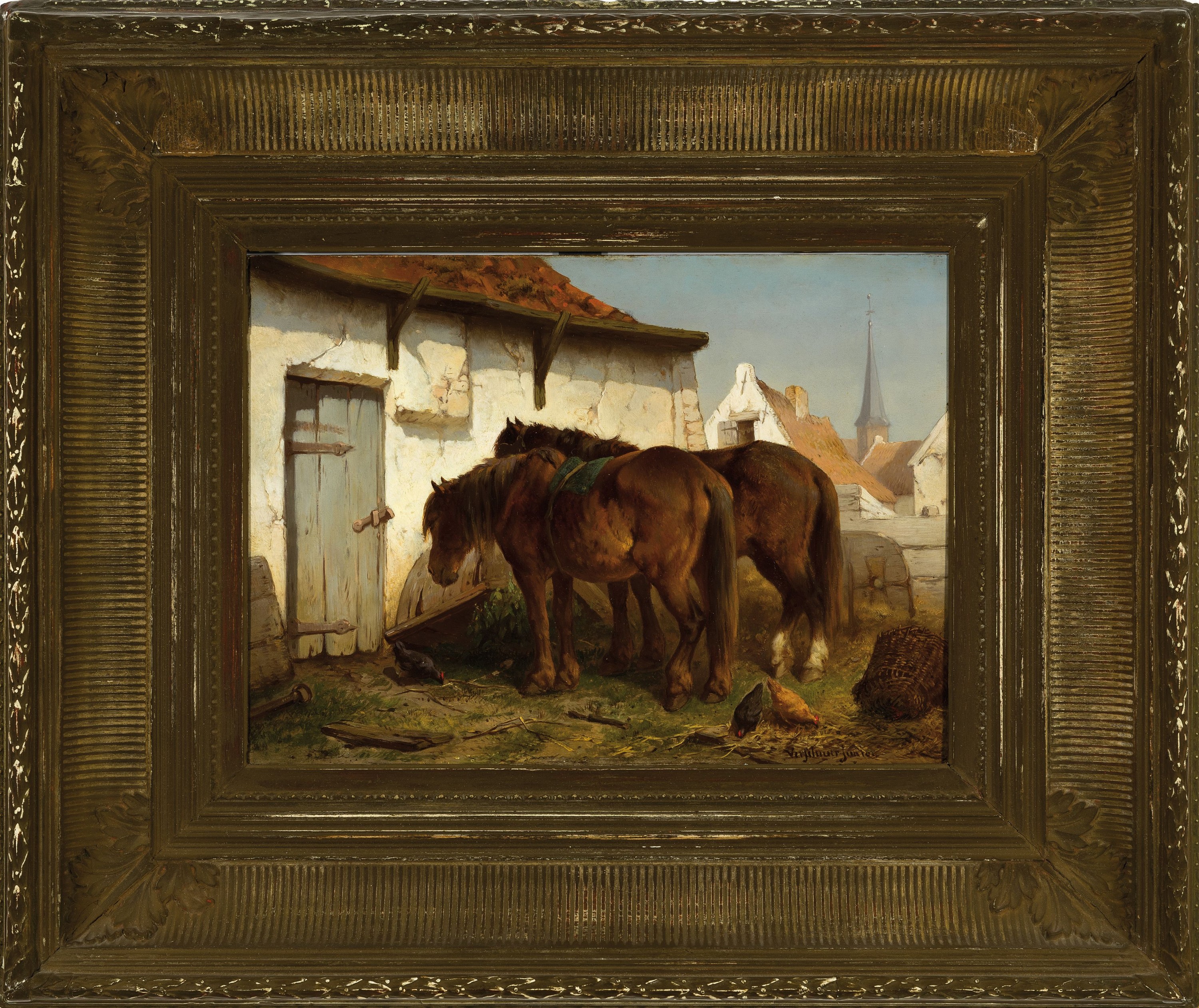Detail k: Wouterus Verschuur Jr., 1841-1936, 2 Warmblüter vor dem Stall, links unten signiert, Öl/Holz, 25x34 cm, Prunkrahmen 48x57 cm