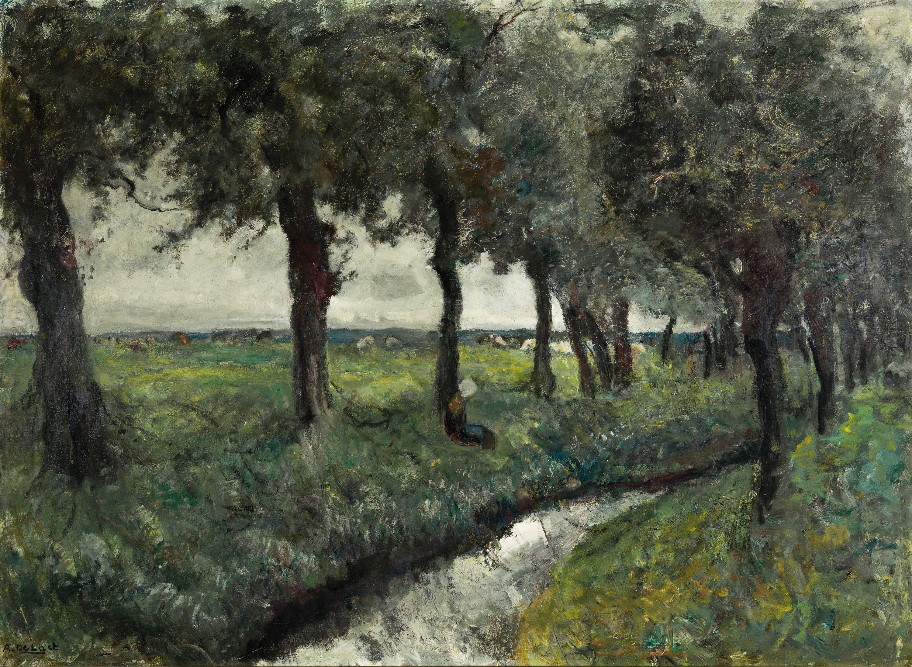 Alois De Laet, 1866-1949 Antwerpen, flämische Bachlandschaft mit rastender Magd, links unten signiert, Öl/Lwd, 70x96 cm, Rahmen85x112 cm