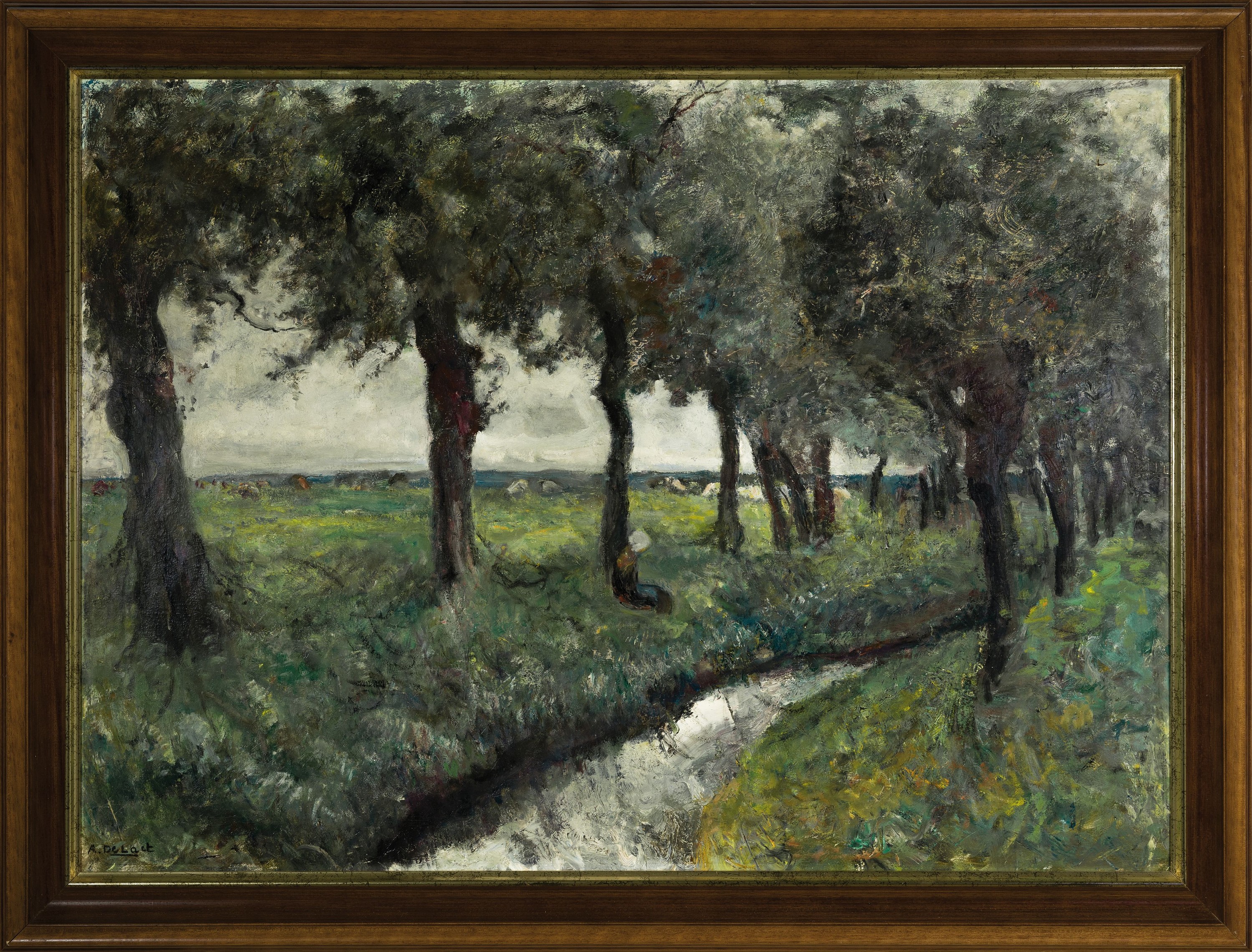 Detail k: Alois De Laet, 1866-1949 Antwerpen, flämische Bachlandschaft mit rastender Magd, links unten signiert, Öl/Lwd, 70x96 cm, Rahmen85x112 cm