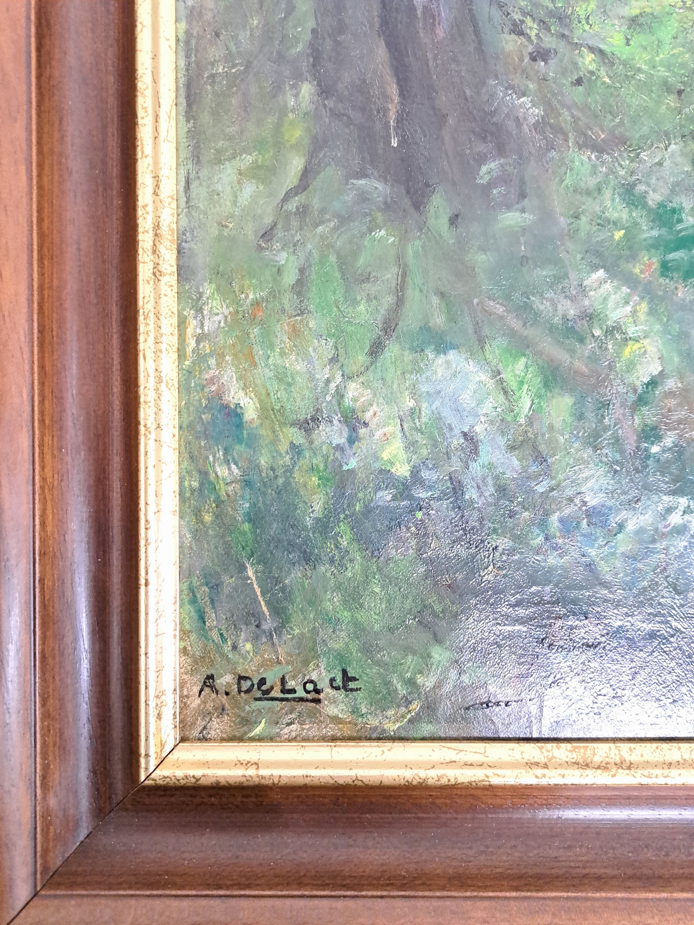 Detail l: Alois De Laet, 1866-1949 Antwerpen, flämische Bachlandschaft mit rastender Magd, links unten signiert, Öl/Lwd, 70x96 cm, Rahmen85x112 cm