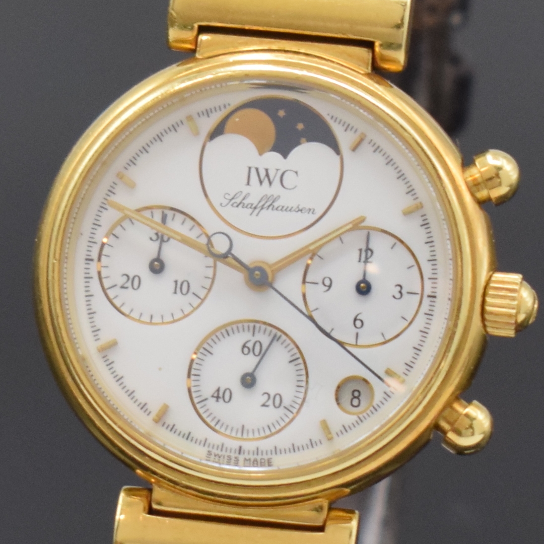 Detail a: IWC Da Vinci Damenchronograph in GG 750/000 Referenz 3735, Schweiz um 1995, quarz, Lederband m. orig. GG 750/000 Dornschl., Boden aufgedr., weißes ...