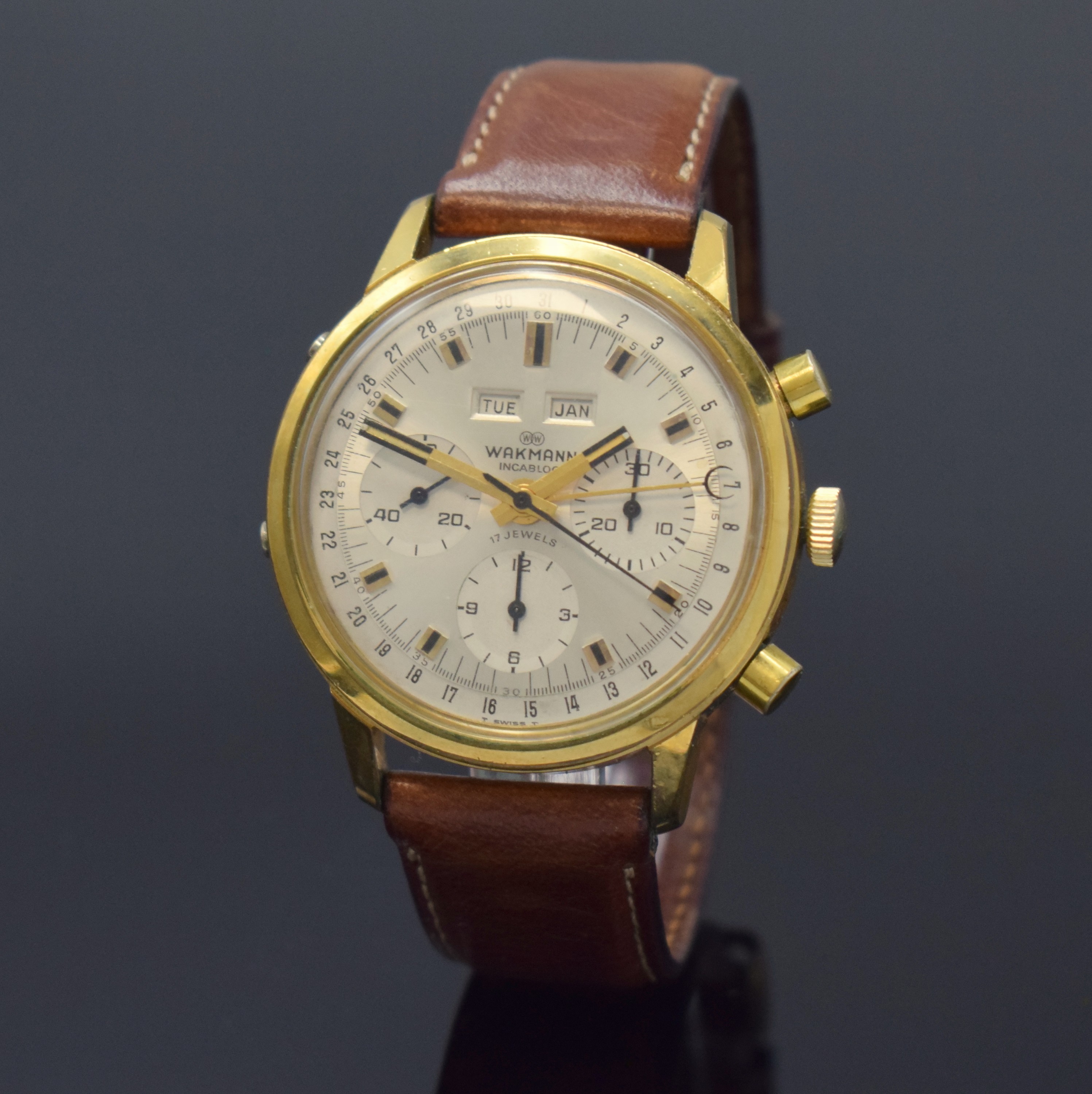 WAKMANN Schaltradchronograph Referenz 1315.01.74, Schweiz um 1965, Handaufzug, verg. Metallgeh. ber., Edelstahlboden verschr., silb. Duoton-Zifferbl. ...