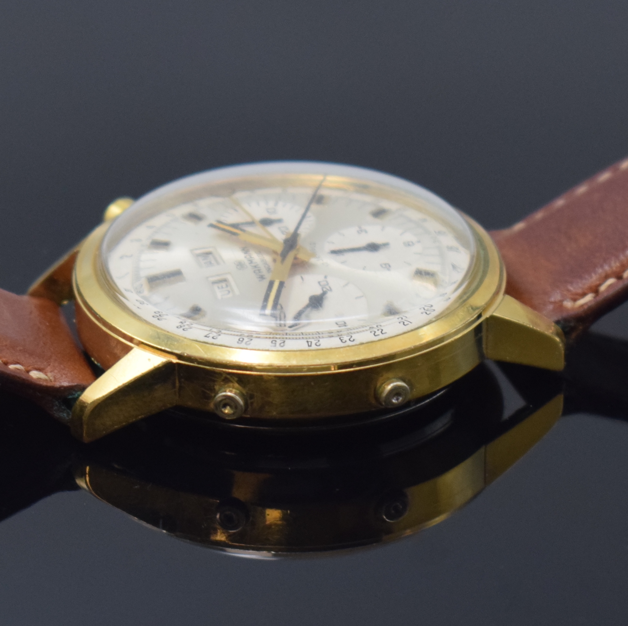 Detail c: WAKMANN Schaltradchronograph Referenz 1315.01.74, Schweiz um 1965, Handaufzug, verg. Metallgeh. ber., Edelstahlboden verschr., silb. Duoton-Zifferbl. ...