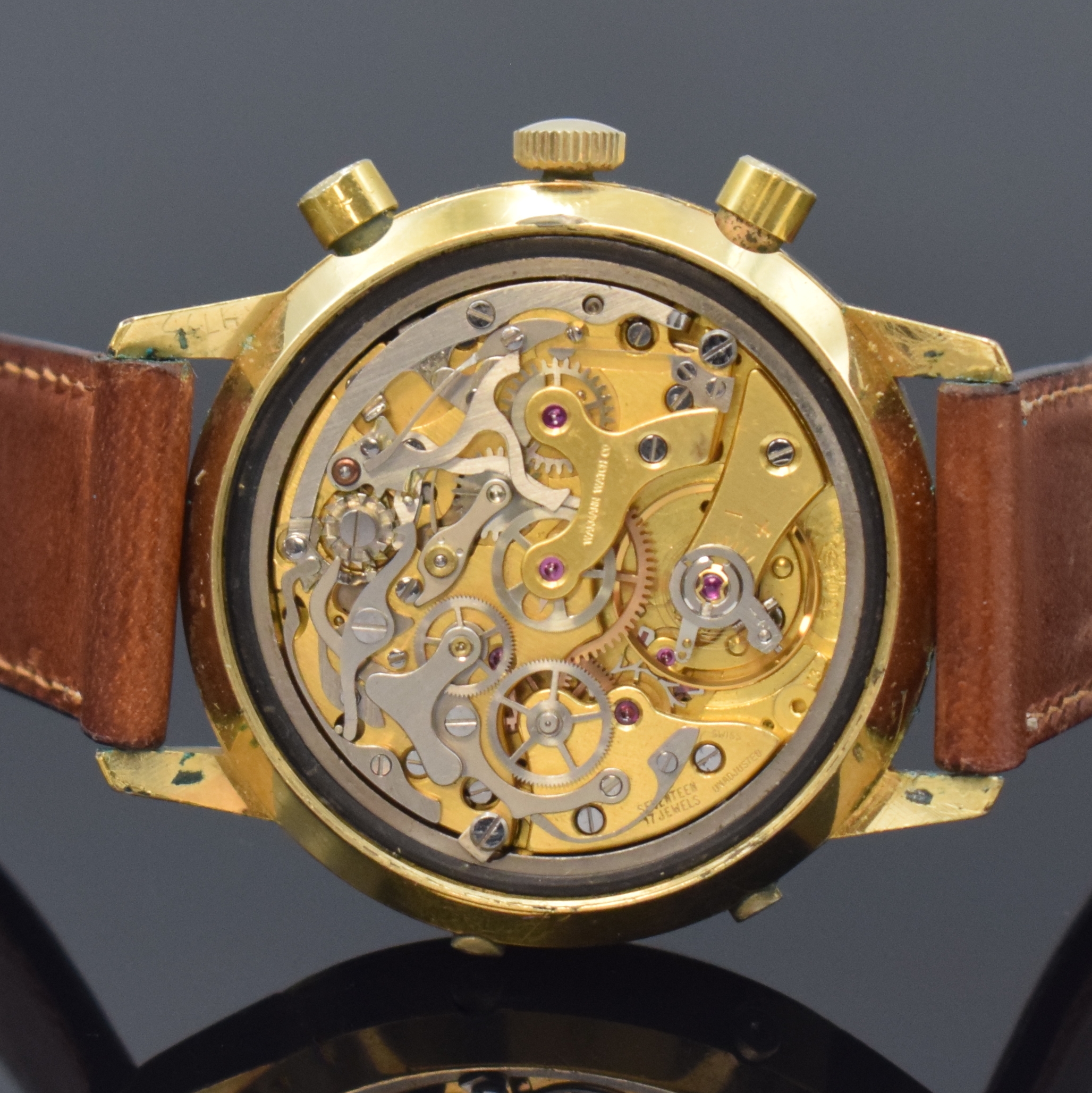 Detail e: WAKMANN Schaltradchronograph Referenz 1315.01.74, Schweiz um 1965, Handaufzug, verg. Metallgeh. ber., Edelstahlboden verschr., silb. Duoton-Zifferbl. ...