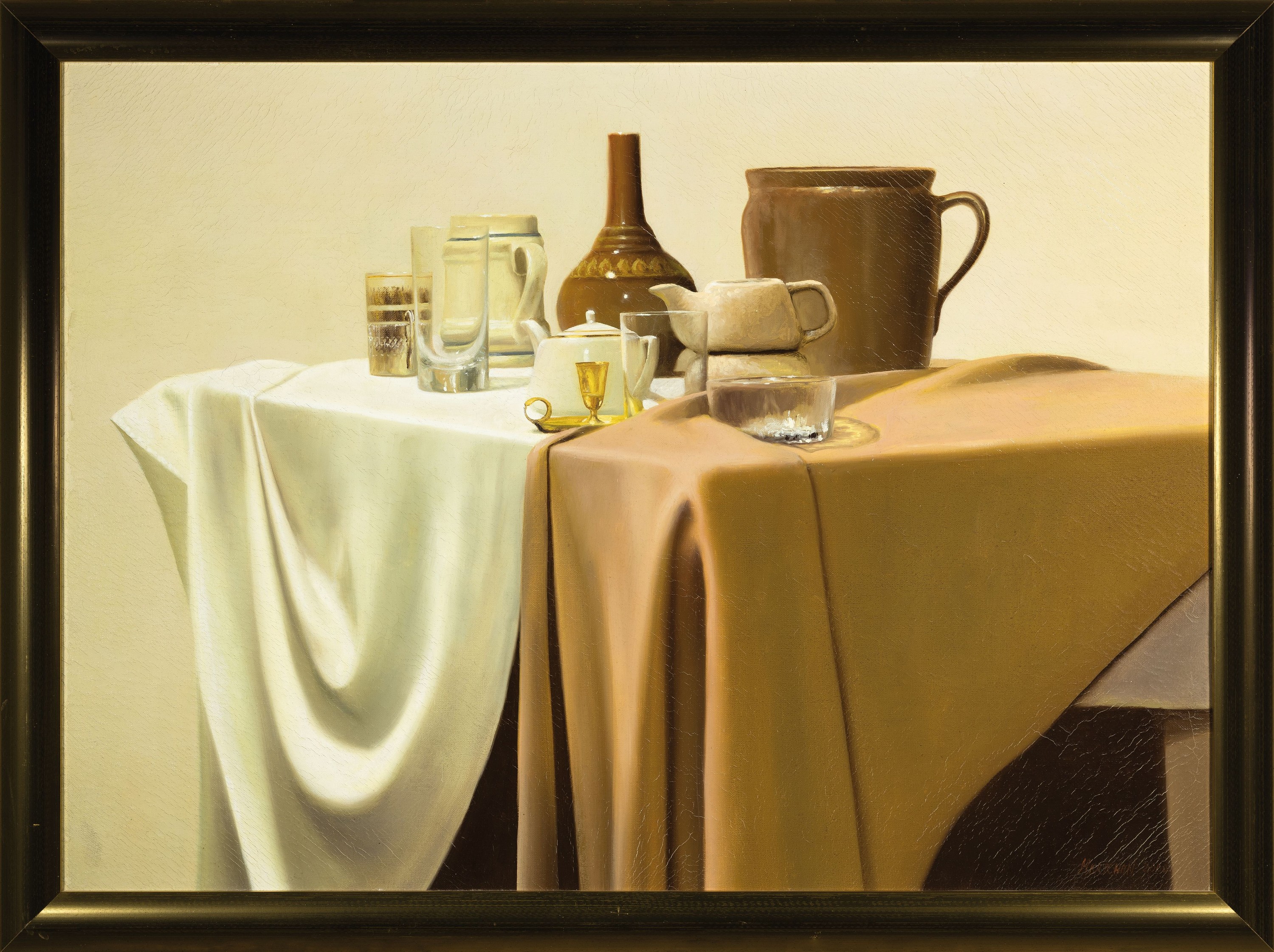 Detail k: Wladimir Mkrtchyan, zeitgenössischer armenischer Künstler, hyperrealistisches Stillleben mit Krügen, Gläsern und Gefäßen, rechts unten signiert ...