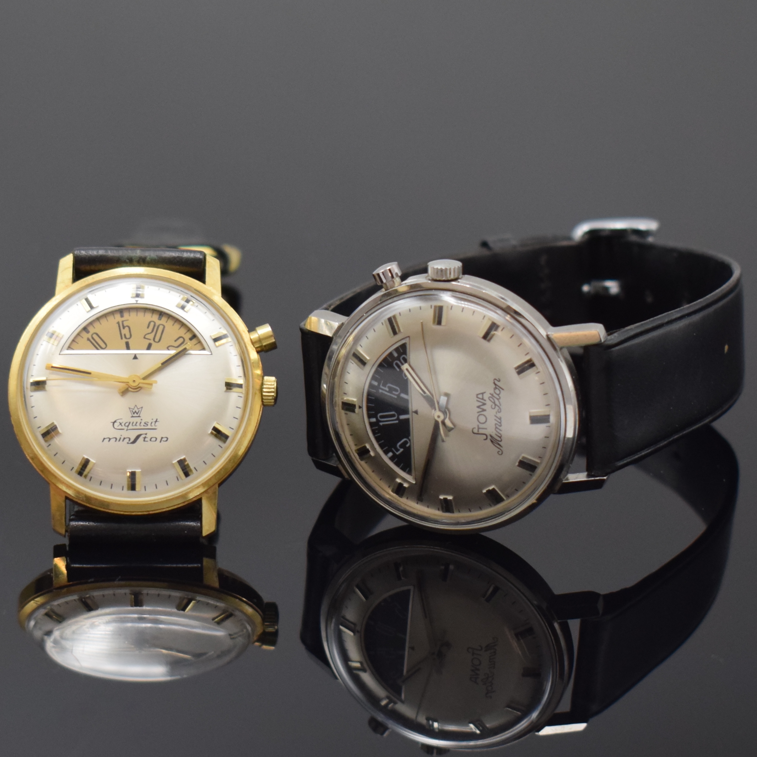 Set 2 Herrenarmbanduhren mit Kurzzeitmessern, beide Handaufzug, Deutschland um 1965, 1 x Exquisit minStop, verg. Geh., verschr. Stahlboden, 1 x Stowa ...