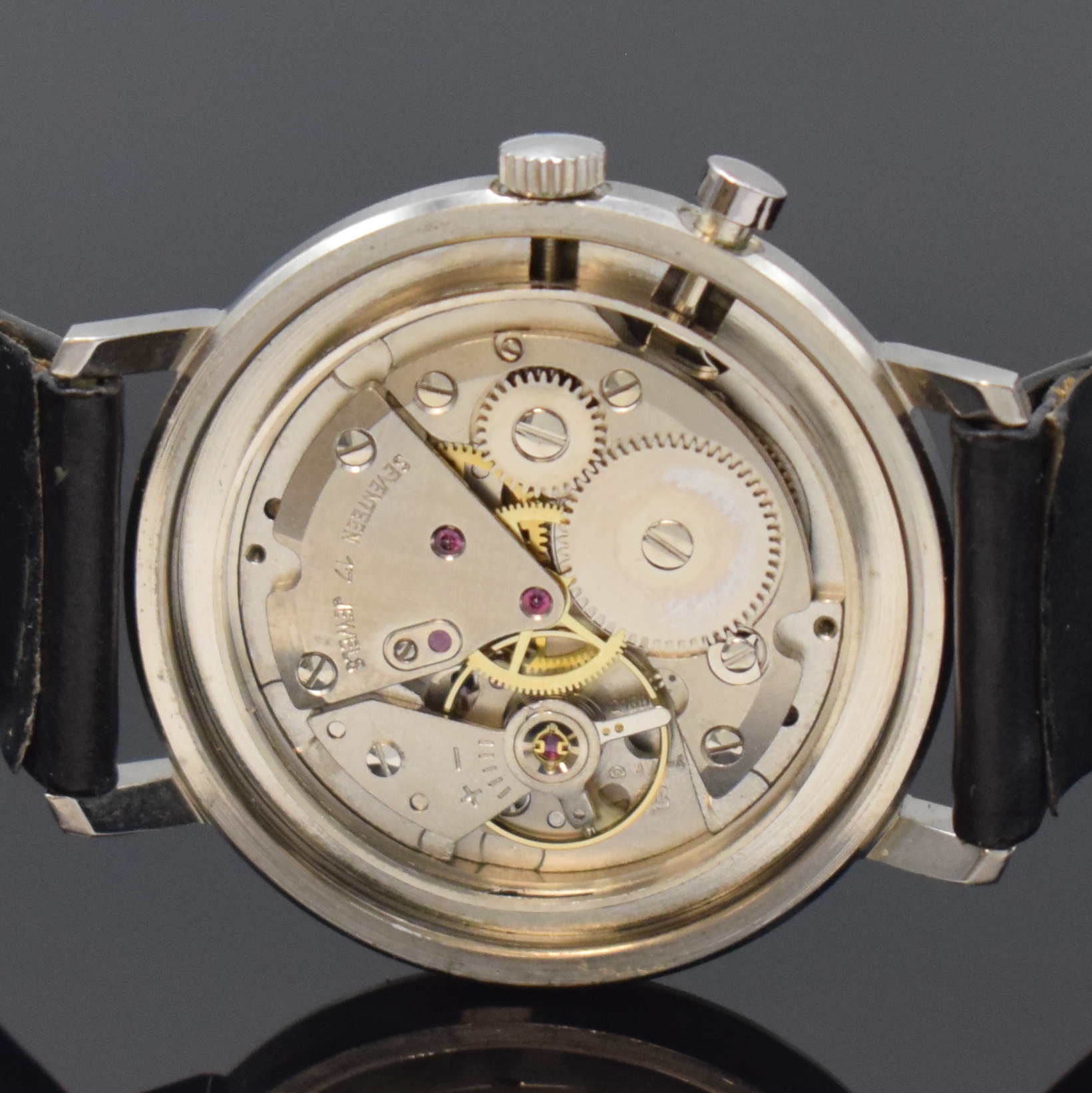 Detail f: Set 2 Herrenarmbanduhren mit Kurzzeitmessern, beide Handaufzug, Deutschland um 1965, 1 x Exquisit minStop, verg. Geh., verschr. Stahlboden, 1 x Stowa ...