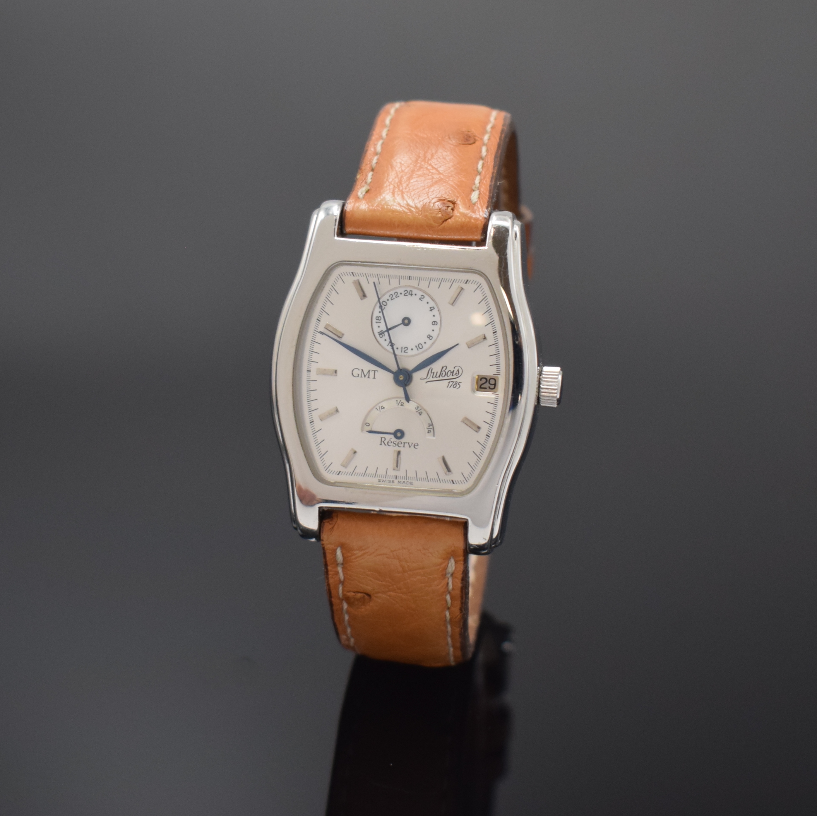 DUBOIS GMT tonneauförmige Armbanduhr mit Gangreserveanzeige in Stahl, Schweiz um 2000, Automatik, beids. vergl. Geh., Boden 4- fach verschr., silb. ...