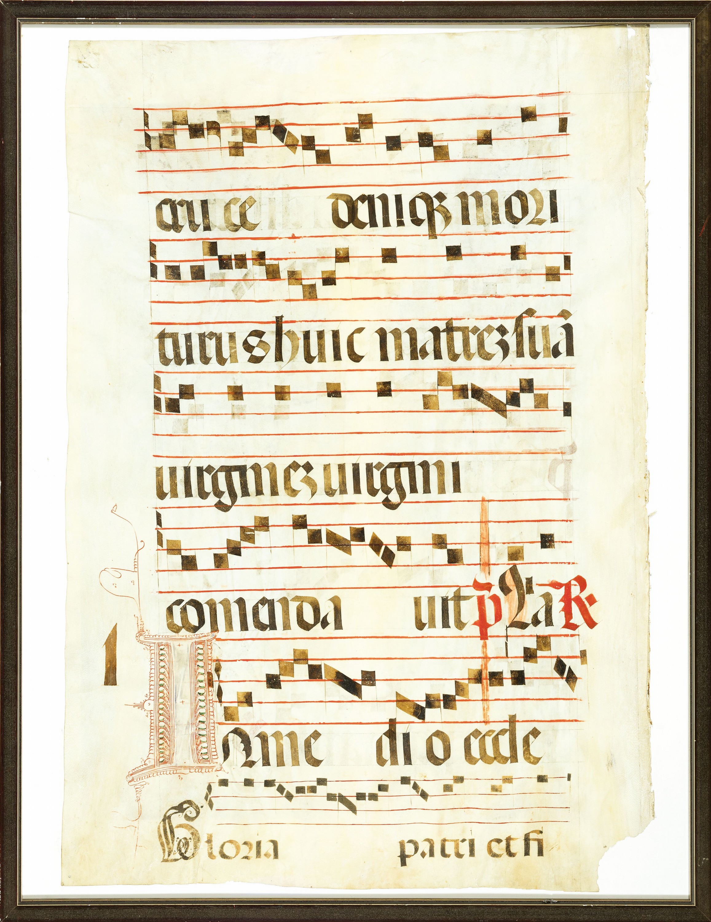 Antiphon-Seite, 16.Jh., Folio aus einer spätmittelalterlichen liturgischen Handschrift gr. 2°, schwarze und rote Tinte auf Pergament, farbig ...
