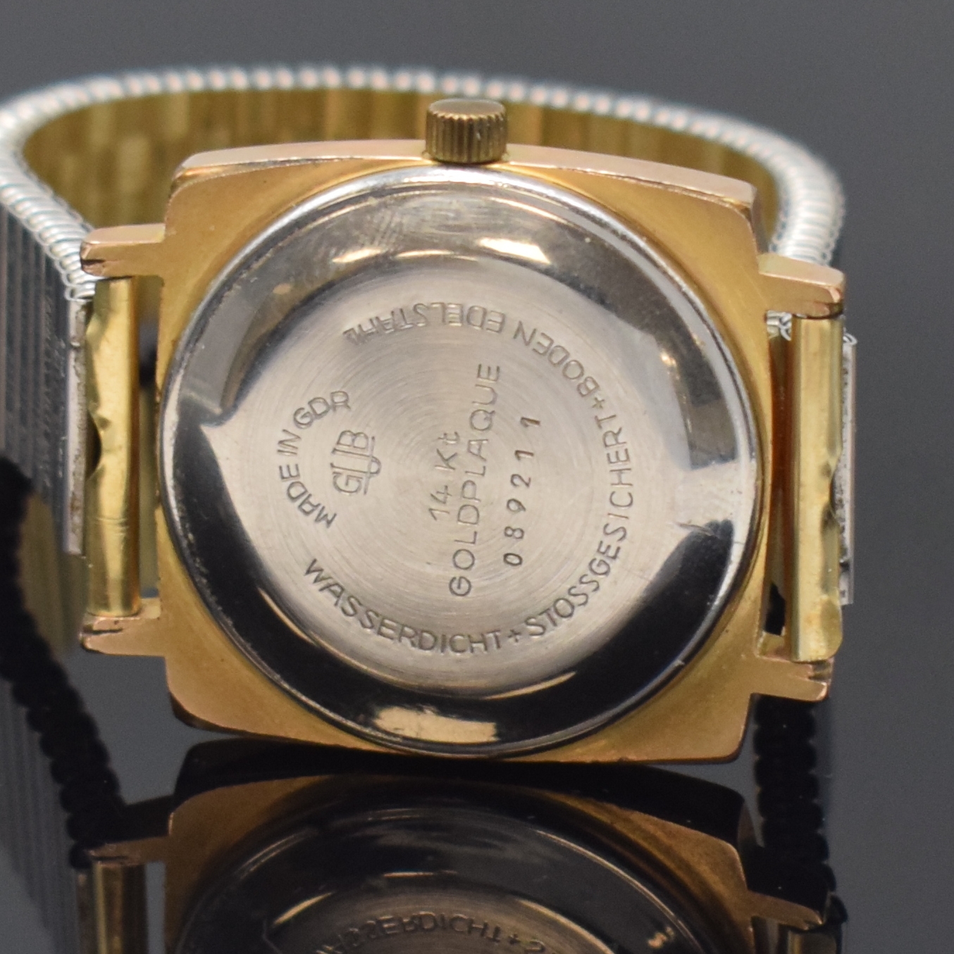 Detail c: GLASHÜTTE Spezimatic Armbanduhr Serie BISON, Automatik, DDR um 1970, verg. Geh., Edelstahlboden aufgedr., silb. Zifferbl. m. aufgel. Indizes, Anz. ...