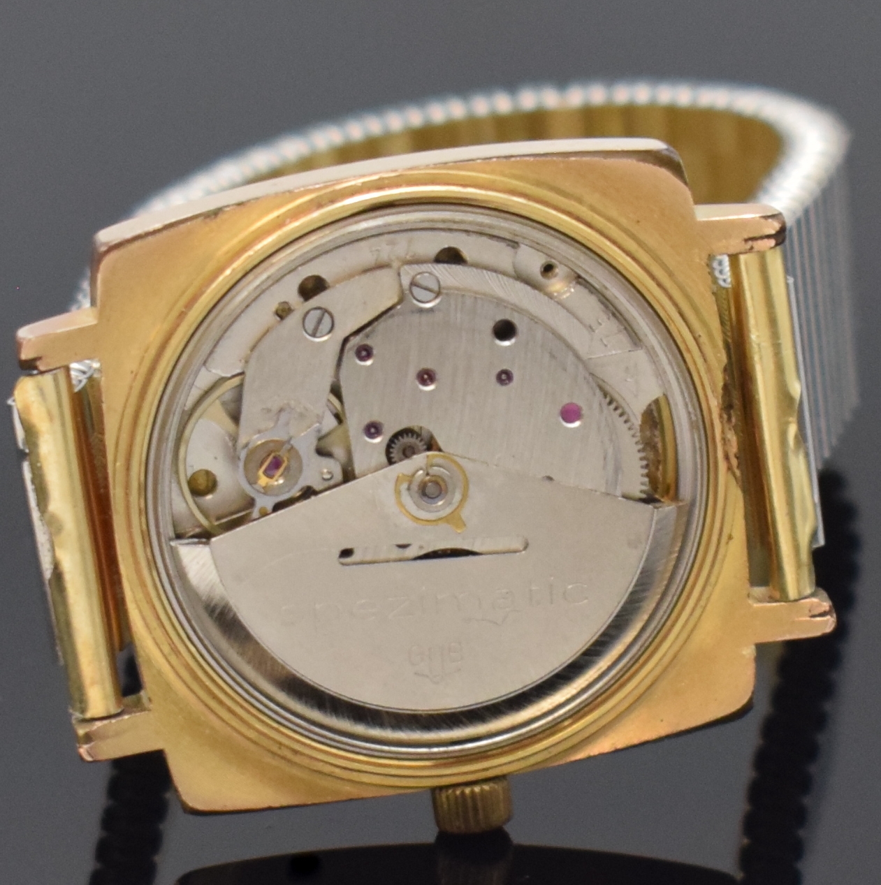 Detail e: GLASHÜTTE Spezimatic Armbanduhr Serie BISON, Automatik, DDR um 1970, verg. Geh., Edelstahlboden aufgedr., silb. Zifferbl. m. aufgel. Indizes, Anz. ...