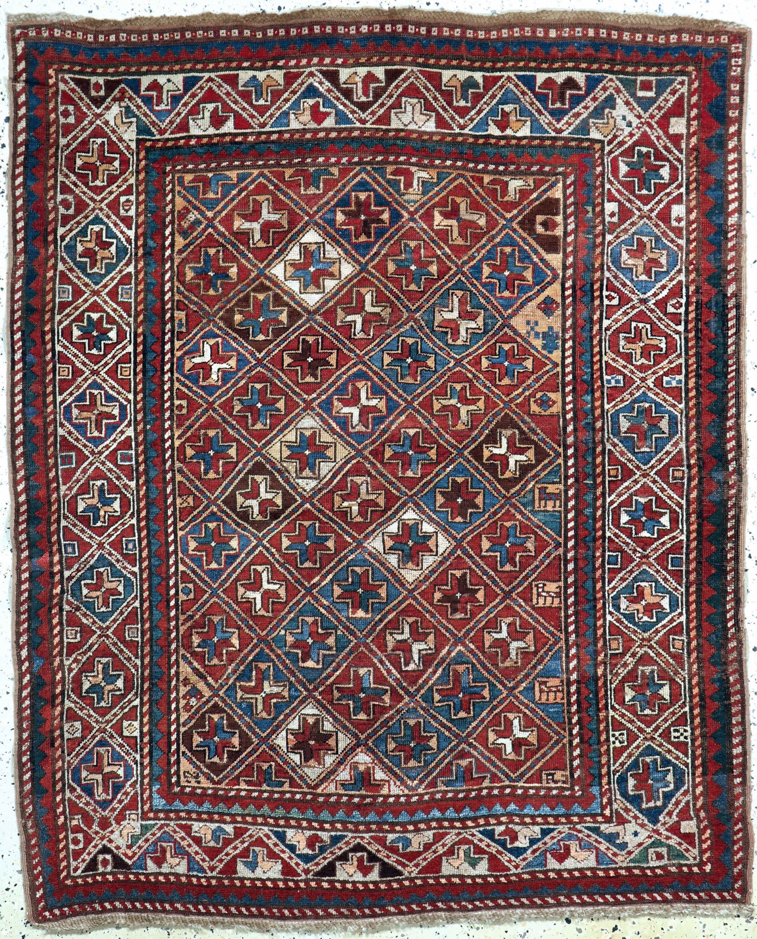 Antiker Kazak, Kaukasus, um 1900, Wolle aufWolle, ca. 165 x 135 cm, EHZ: 3, (großflächig restauriert & verkürzt).