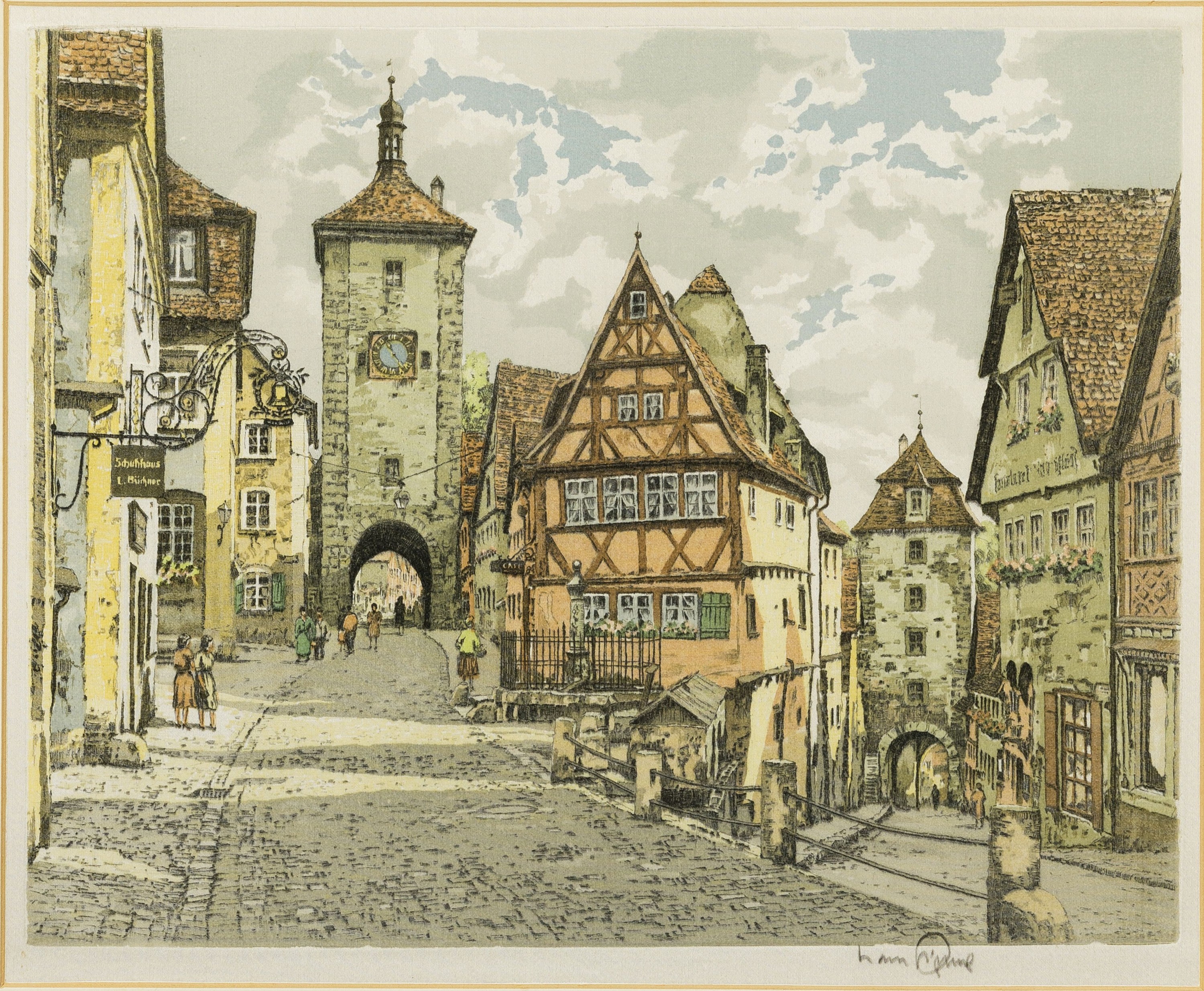 Hans Figura, 1898 Nagykikina/Banat-1997 Hamburg, Plönlein-Rothenburg ob der Tauber, Farbradierung, sign. ca. 26x33cm, PP, u.Gl., R. ca. 51x61cm