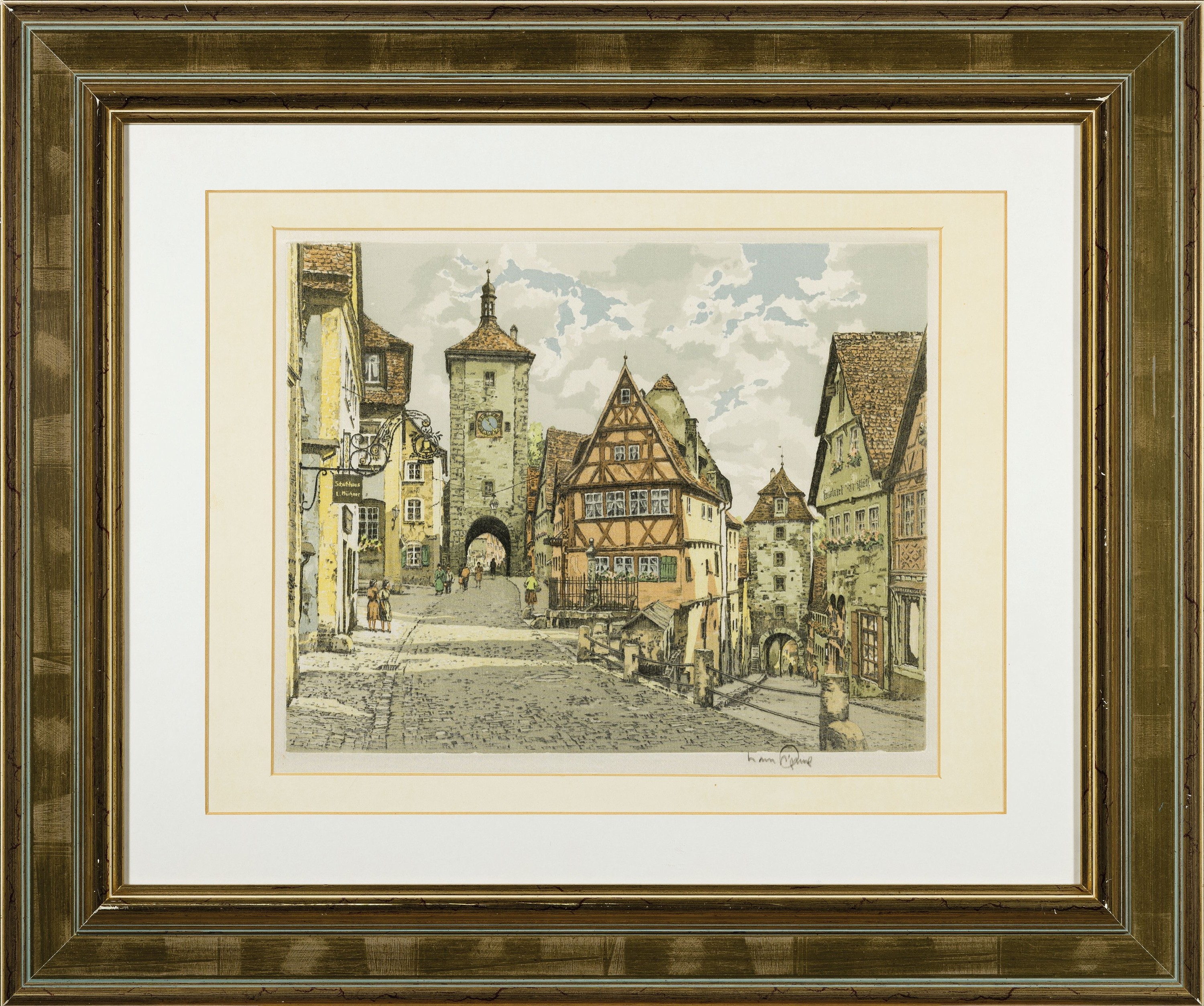 Detail k: Hans Figura, 1898 Nagykikina/Banat-1997 Hamburg, Plönlein-Rothenburg ob der Tauber, Farbradierung, sign. ca. 26x33cm, PP, u.Gl., R. ca. 51x61cm