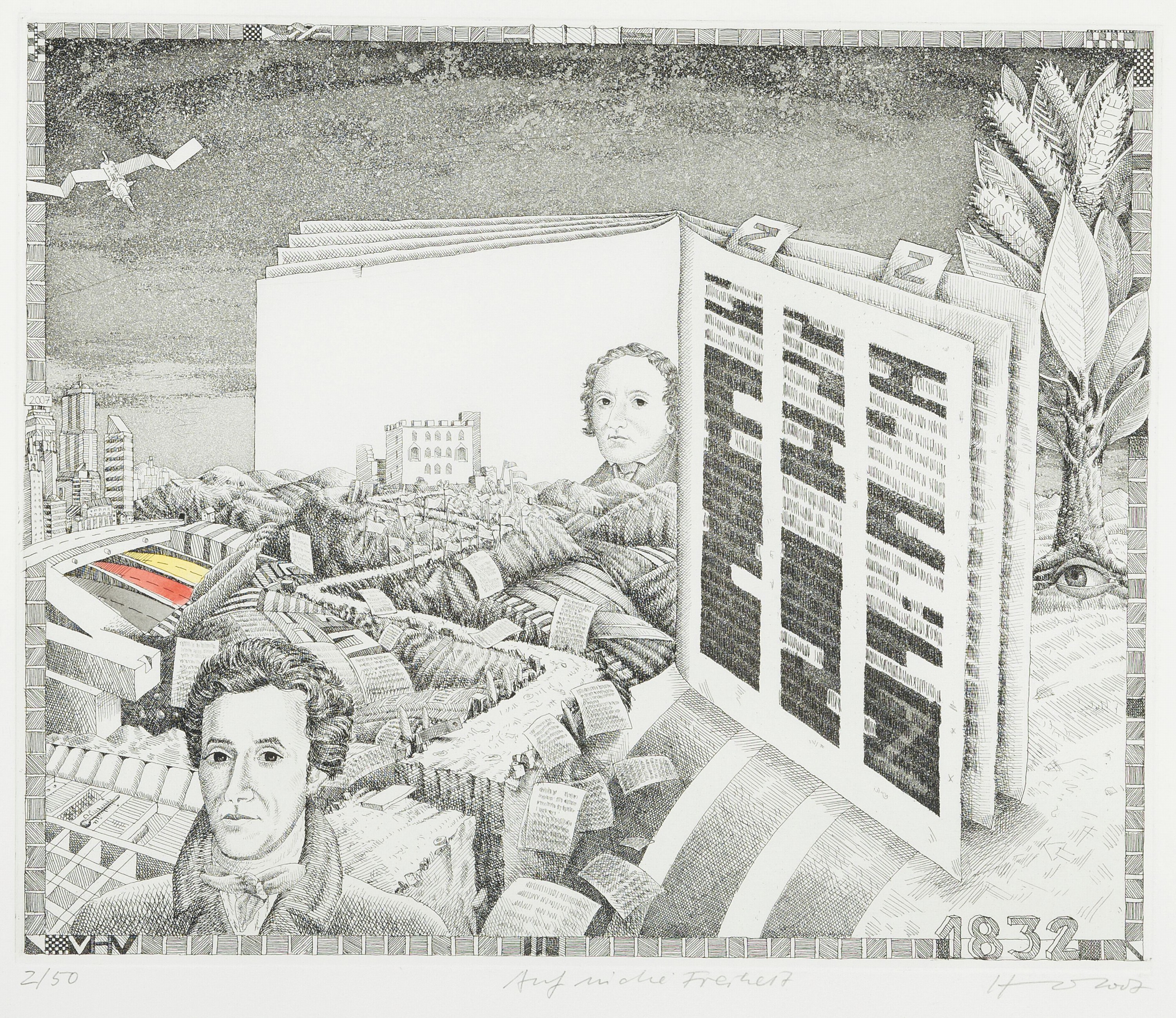 Volker Heinle, geb. 1947, Auf in die Freiheit, Radierung partiell handkoloriert, sign., betitelt und num. 2/50, ca. 24x29cm, von 2007, entstanden im ...