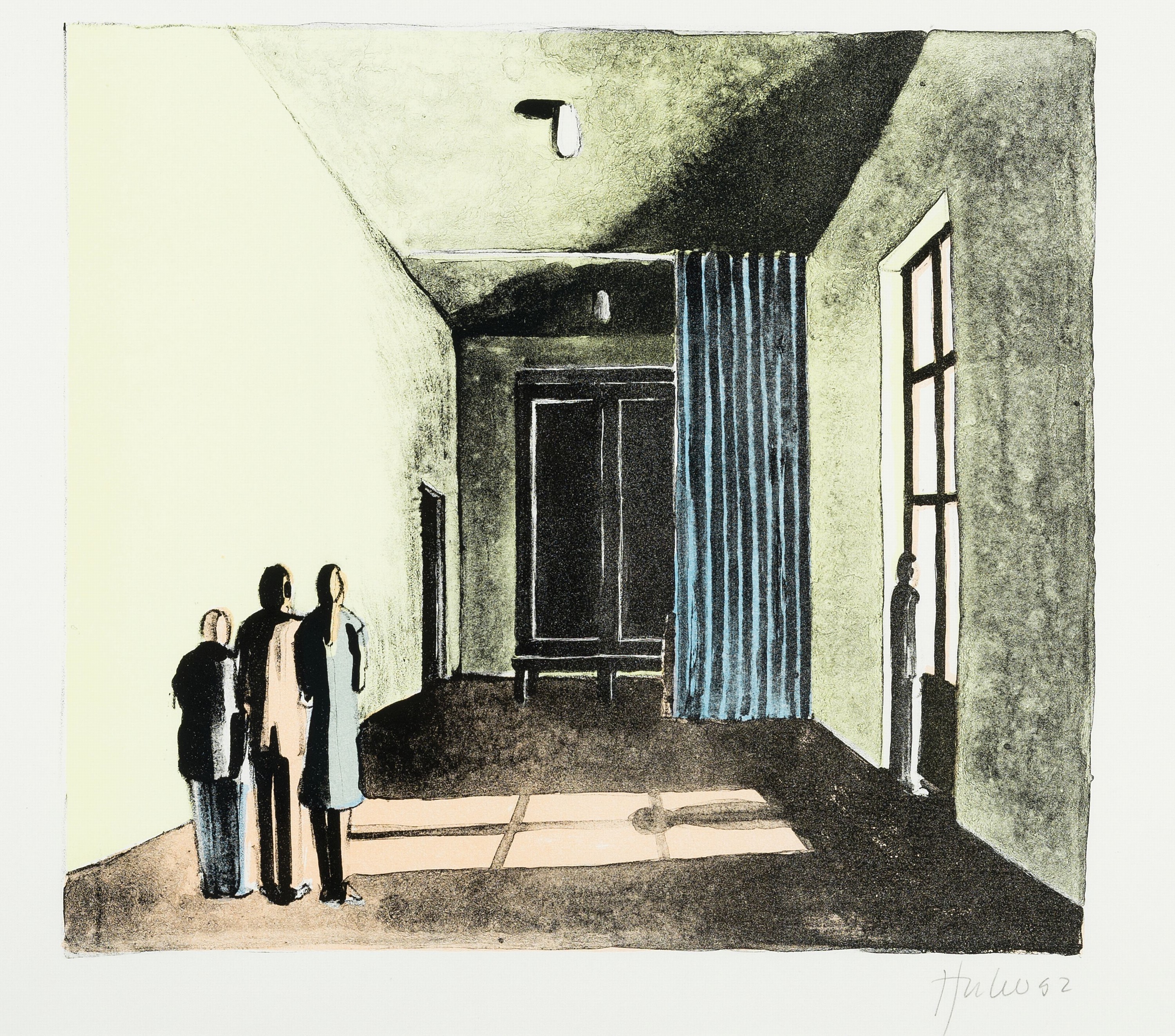Thomas Huber, geb. 1955 Zürich, Der Besuch, Farblithographie, sign. und dat. 92, ca. 28.5x32cm, PP, u.Gl., R. ca. 51x61cm, Meisterschüler von Fritz ...