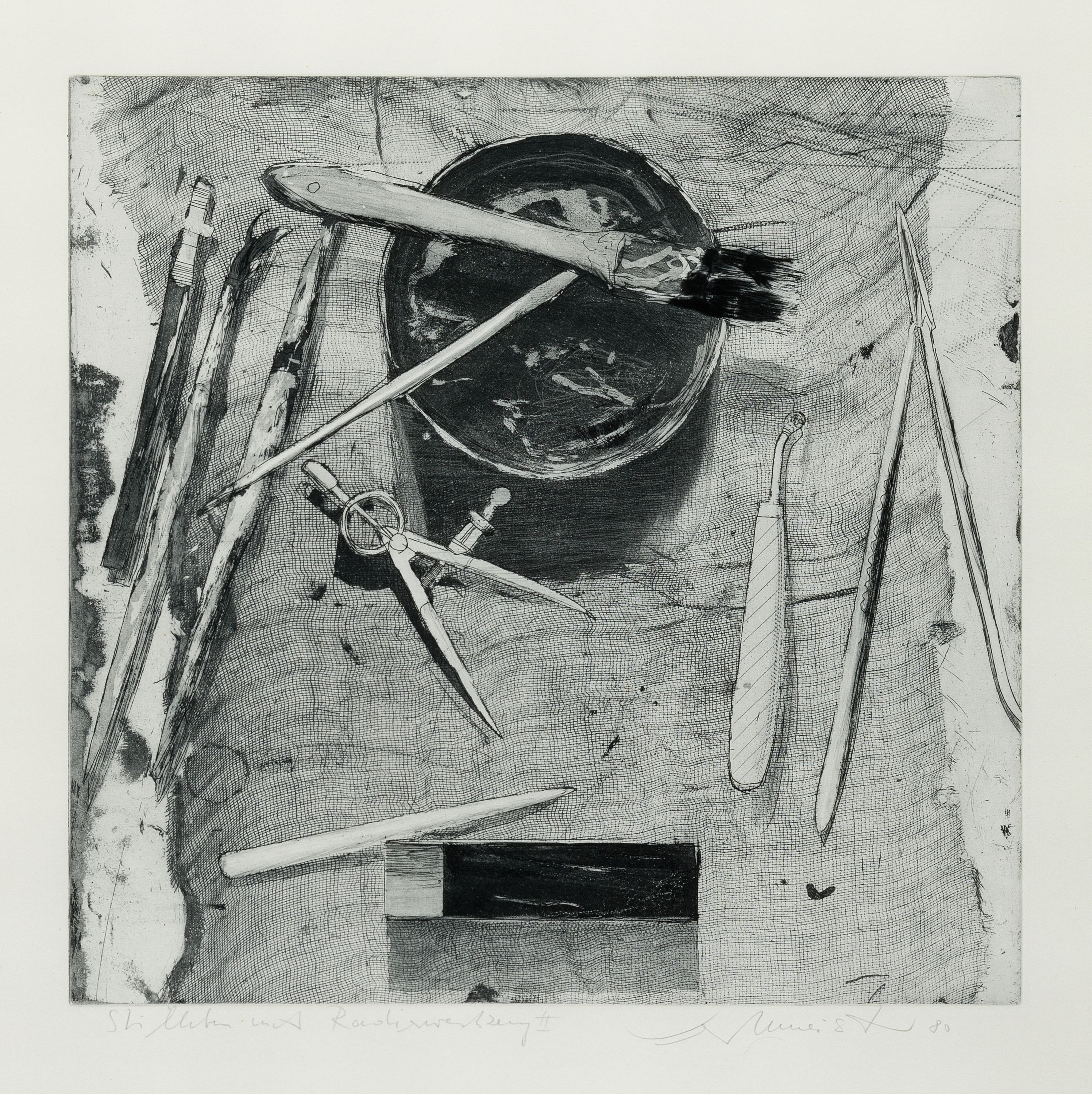 Wolfgang Werkmeister, geb. 1941 Berlin, Stillleben mit Radierwerkzeug, Radierung, sign. und dat. 80, ca. 32x33cm, u.Gl., R. ca. 61x51cm