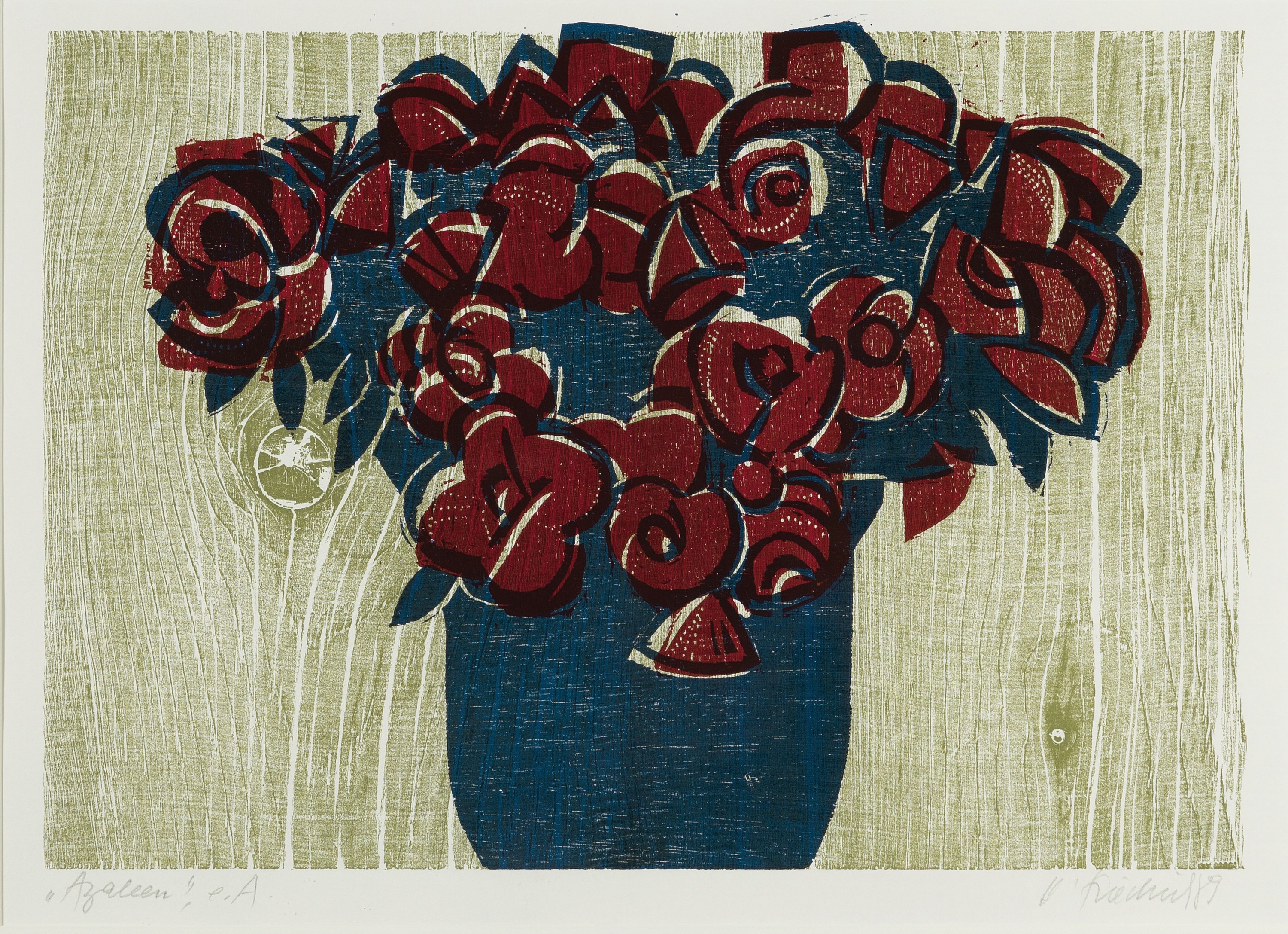 Heinz Friedrich, 1924-2018 Schwetzingen, Azaleen, Farbholzschnitt, betitelt, bez.: e.a., sign. und dat. 89, ca. 26x37cm, PP, u.Gl., R. ca. 51x61cm