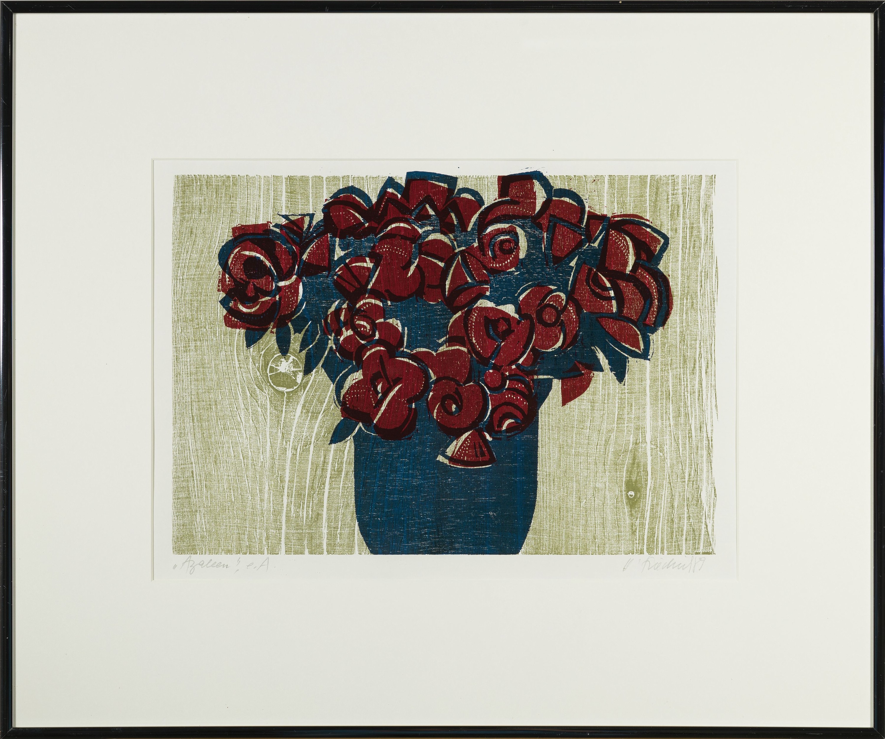 Detail k: Heinz Friedrich, 1924-2018 Schwetzingen, Azaleen, Farbholzschnitt, betitelt, bez.: e.a., sign. und dat. 89, ca. 26x37cm, PP, u.Gl., R. ca. 51x61cm