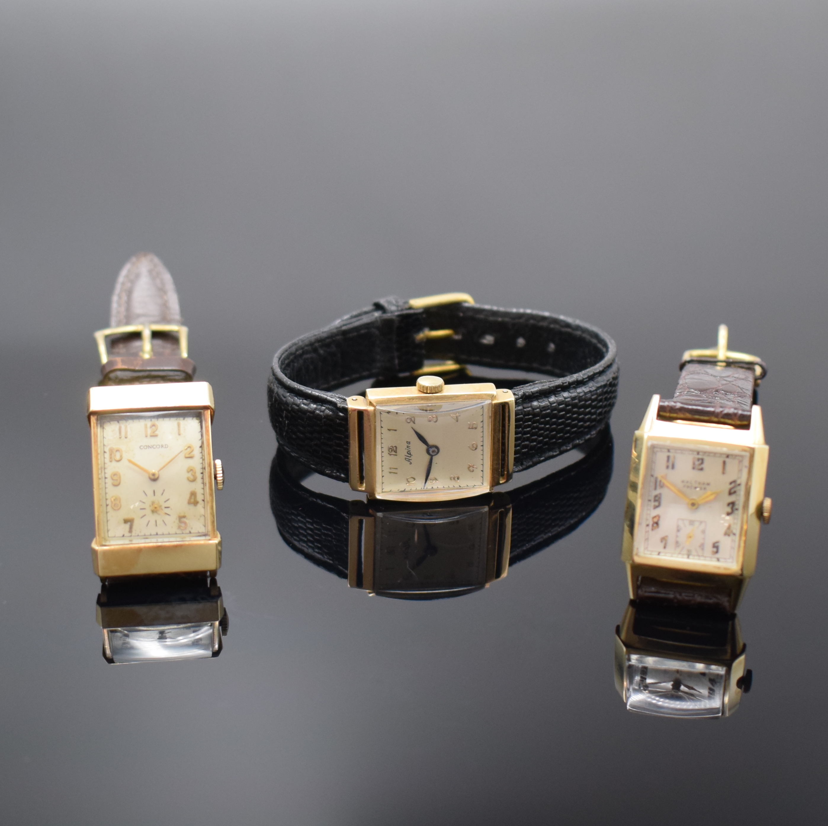 CONCORD, WALTHAM und ALPINA 3 Armbanduhren in GG 585/000, Schweiz/USA 1930er Jahre, Handaufzug, Böden gedr. (1x m. Widmung), silb. Zifferblätter ...
