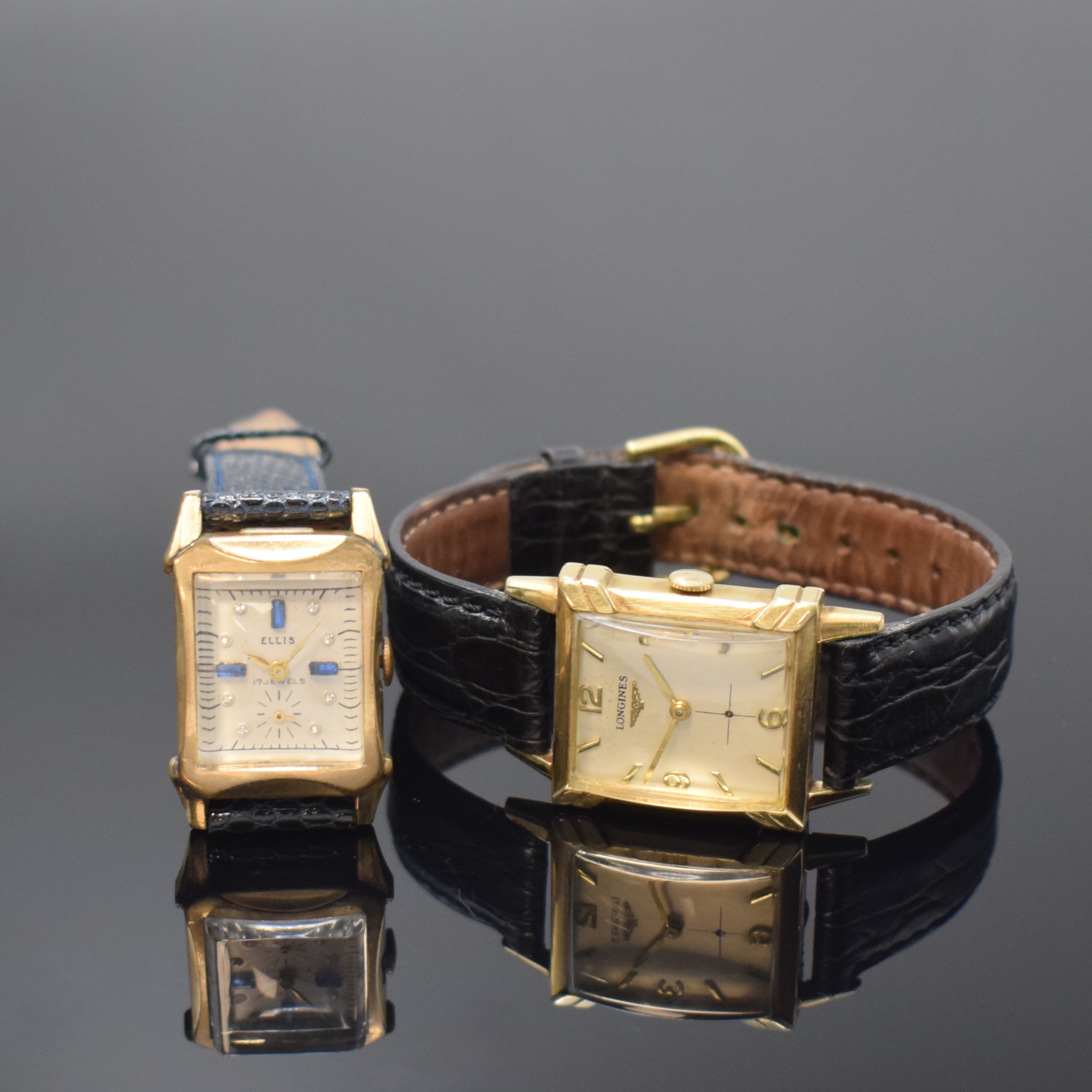 LONGINES und ELLIS 2 vergoldete Armbanduhren, Schweiz/USA um 1950, Handaufzug, Böden aufgedr., silb. Zifferblätter, 1x rest., gold. u. Stein-Ind., ...